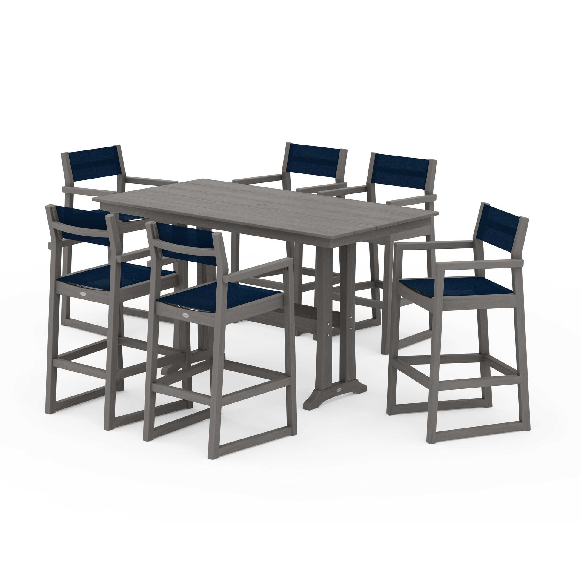 POLYWOOD EDGE Sling Arm Chair 7-Piece Farmhouse Bar Set with Trestle Legs — Driftwood / Navy Blue Sling