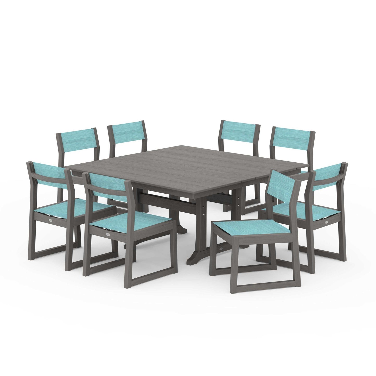 POLYWOOD EDGE Sling Side Chair 9-Piece Farmhouse Trestle Dining Set — Driftwood / Dupioni Aquamarine Sling