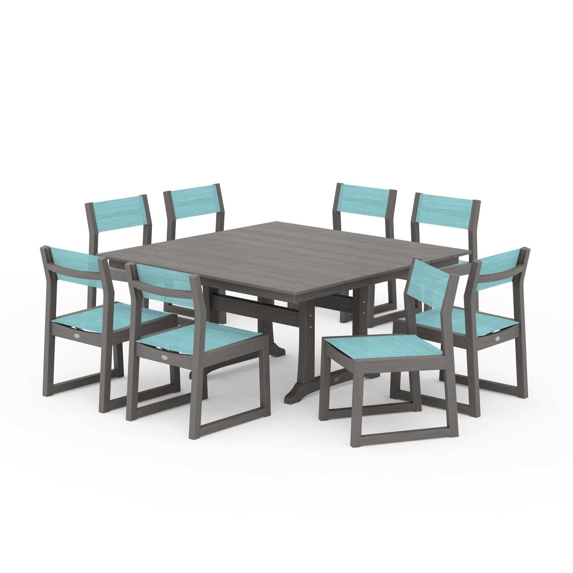 POLYWOOD EDGE Sling Side Chair 9-Piece Farmhouse Trestle Dining Set — Driftwood / Dupioni Aquamarine Sling