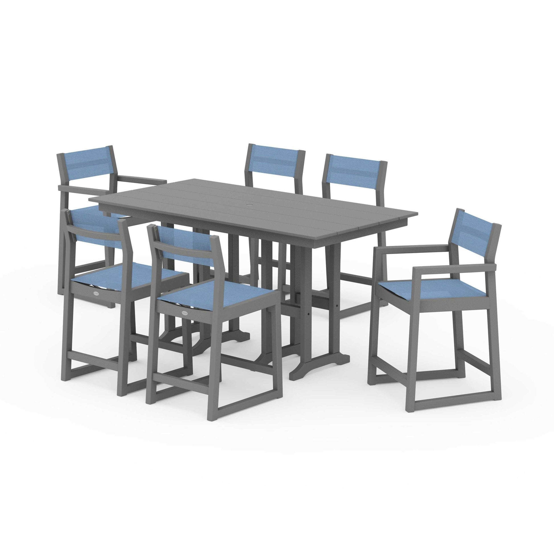 POLYWOOD EDGE Sling 7-Piece Farmhouse Counter Set with Trestle Legs — Slate Grey / Poolside Sling