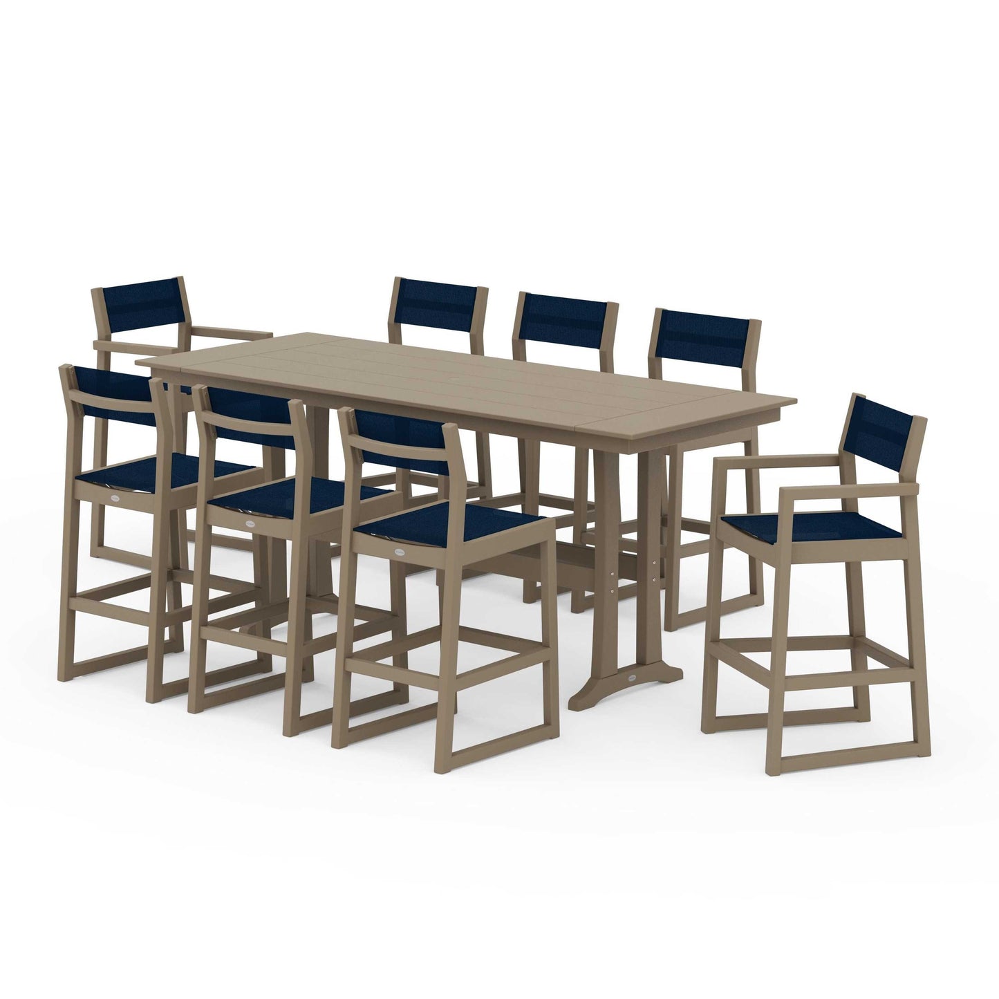 POLYWOOD EDGE Sling 9-Piece Farmhouse Bar Set with Trestle Legs — Vintage Sahara / Navy Blue Sling