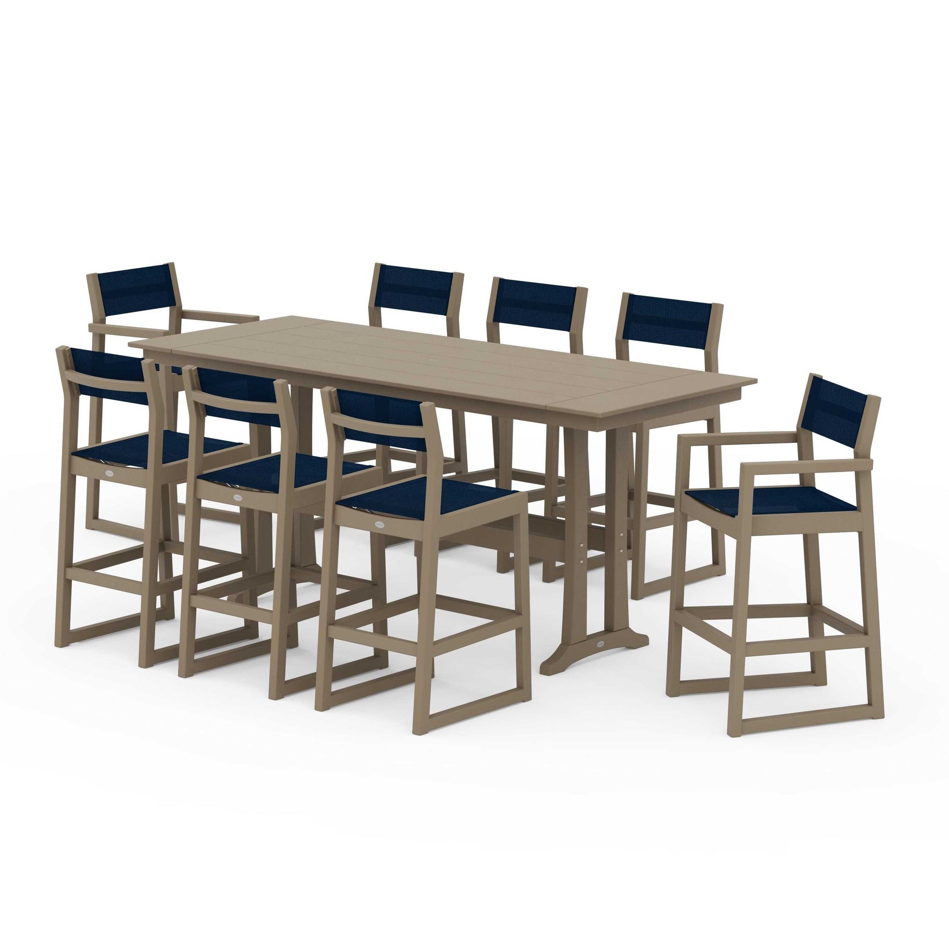 POLYWOOD EDGE Sling 9-Piece Farmhouse Bar Set with Trestle Legs — Vintage Sahara / Navy Blue Sling