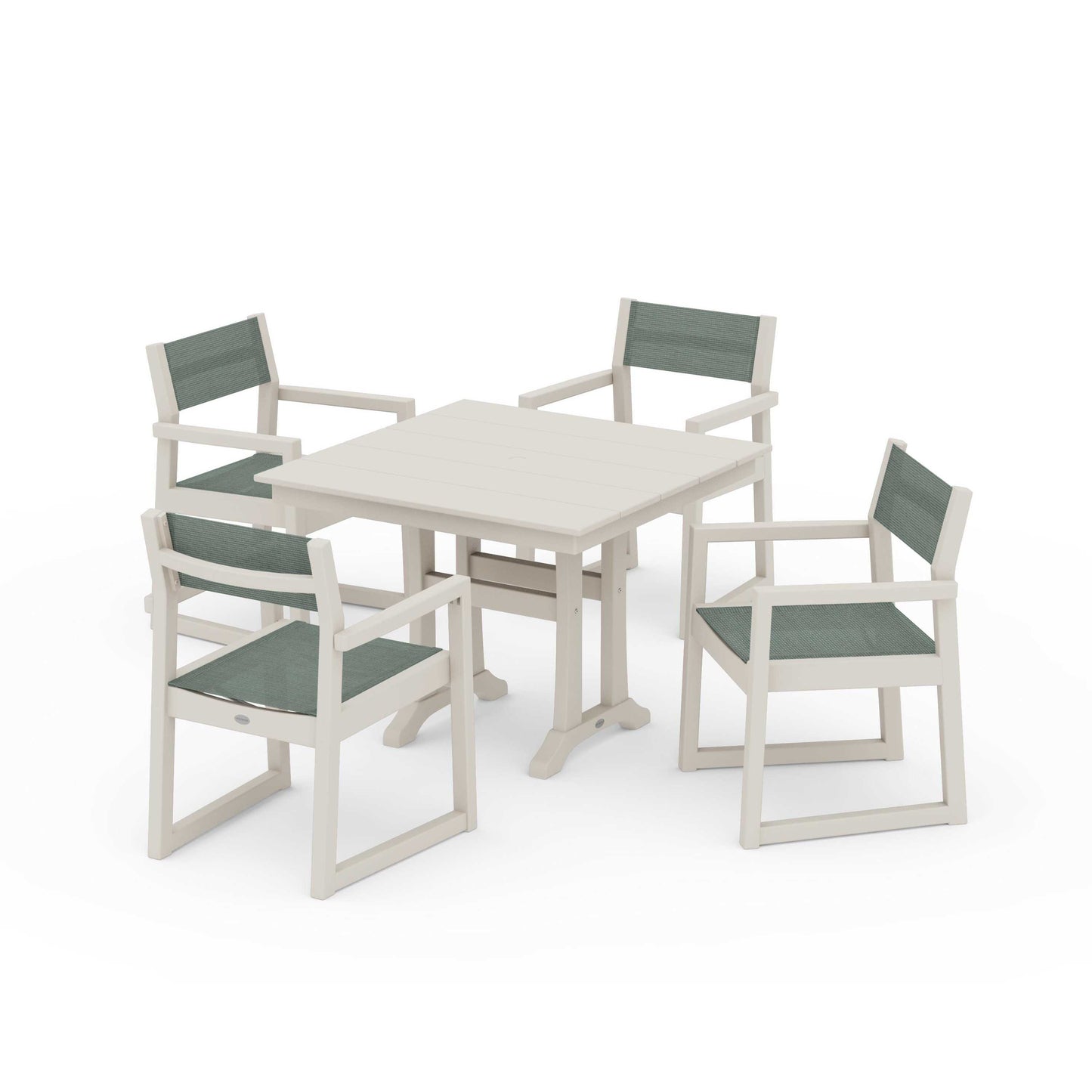 POLYWOOD EDGE Sling 5-Piece Farmhouse Dining Set with Trestle Legs — Sand / Dupioni Sea Mist Sling