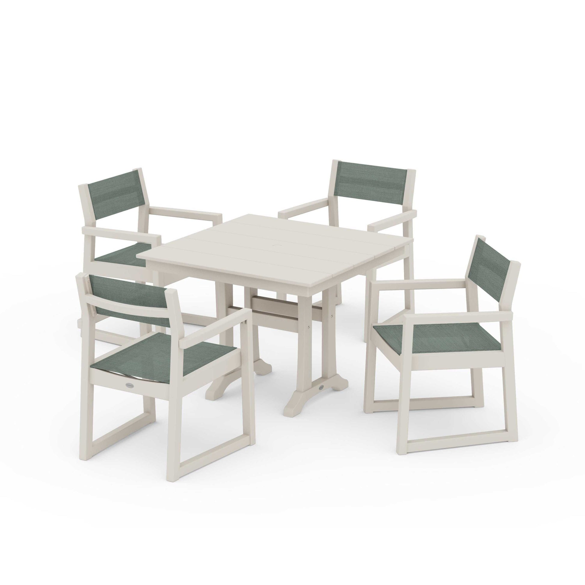 POLYWOOD EDGE Sling 5-Piece Farmhouse Dining Set with Trestle Legs — Sand / Dupioni Sea Mist Sling