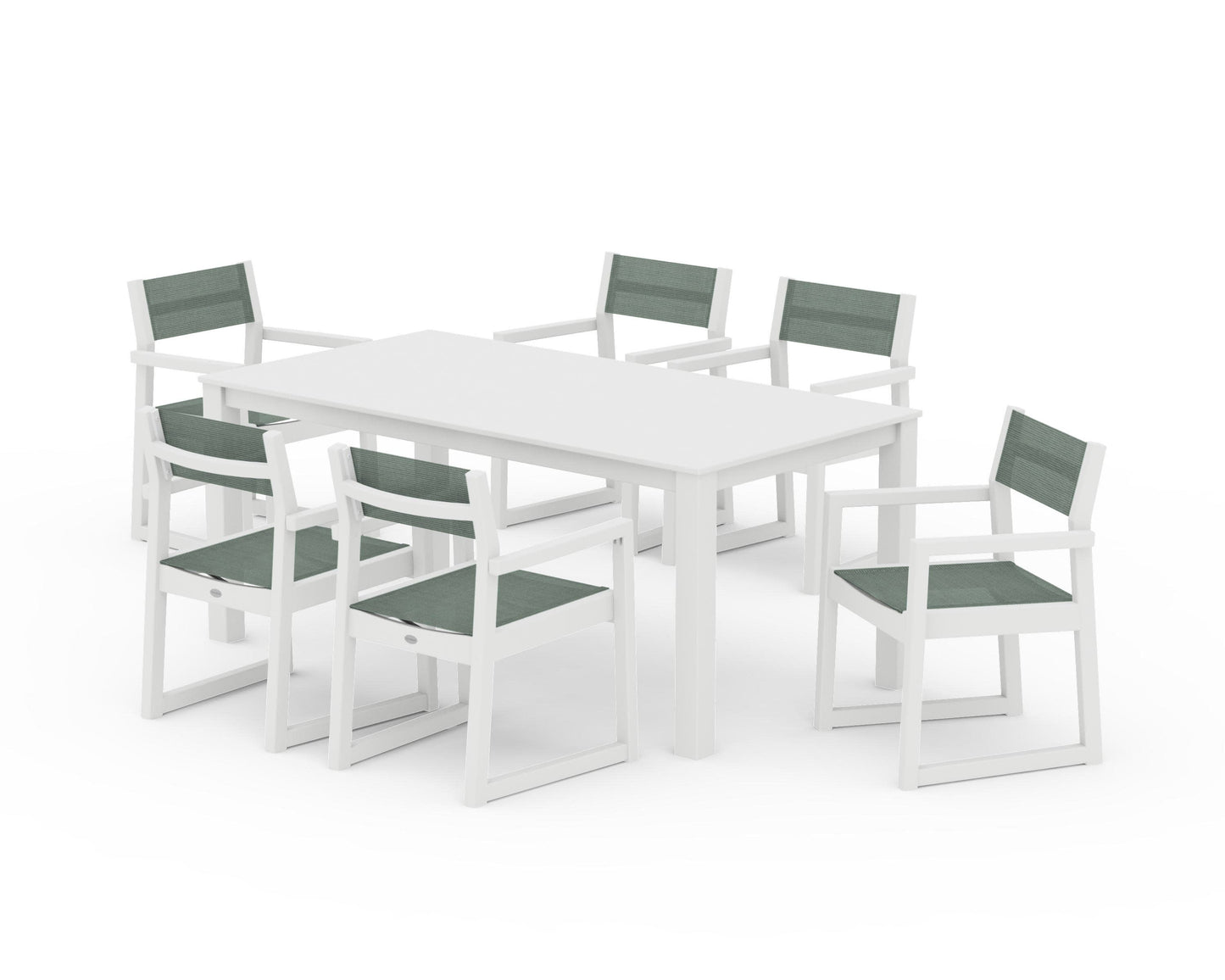 POLYWOOD EDGE Sling Arm Chair 7-Piece Parsons Dining Set — White / Dupioni Sea Mist Sling
