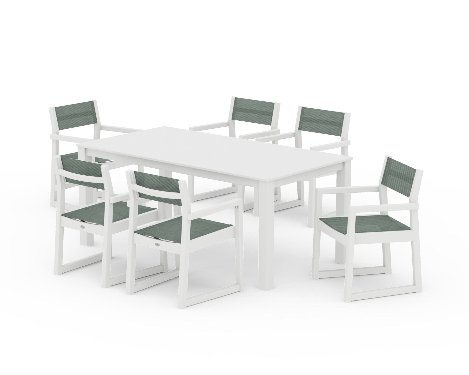 POLYWOOD EDGE Sling Arm Chair 7-Piece Parsons Dining Set — White / Dupioni Sea Mist Sling