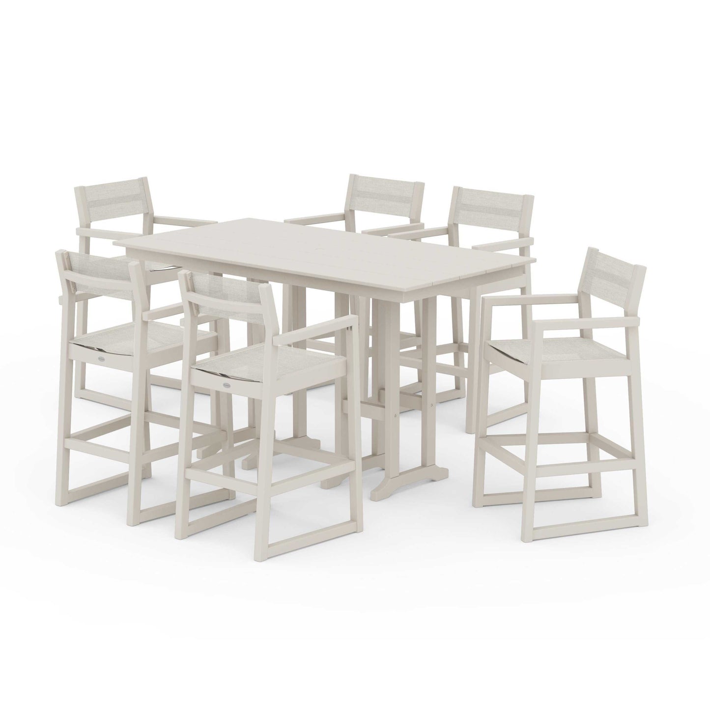 POLYWOOD EDGE Sling Arm Chair 7-Piece Farmhouse Bar Set — Sand / Parchment Sling