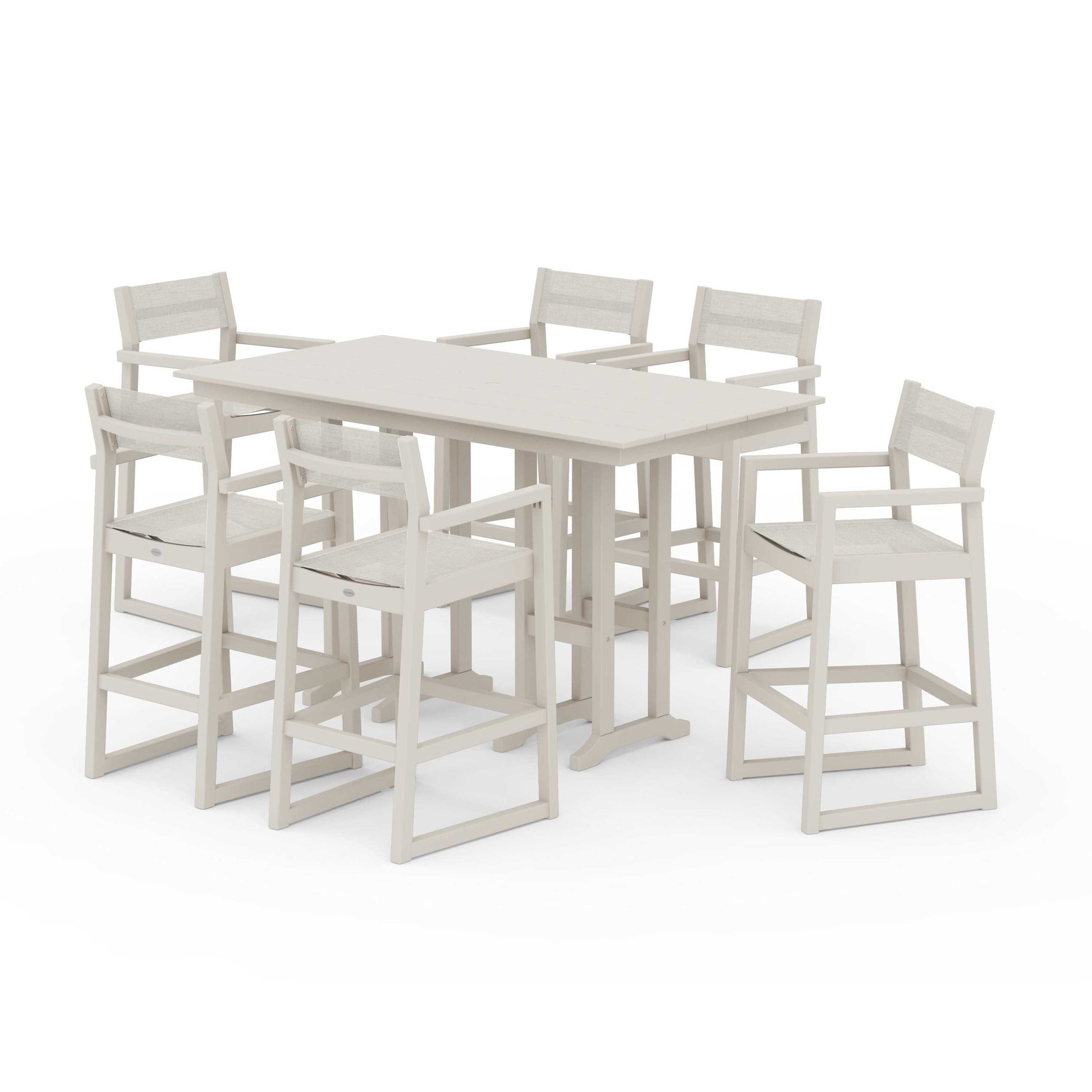 POLYWOOD EDGE Sling Arm Chair 7-Piece Farmhouse Bar Set — Sand / Parchment Sling