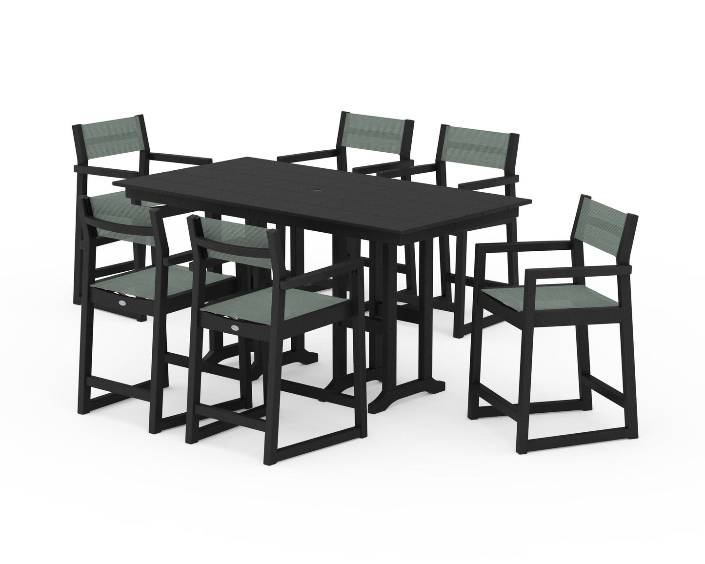POLYWOOD EDGE Sling Arm Chair 7-Piece Farmhouse Counter Set — Black / Dupioni Sea Mist Sling