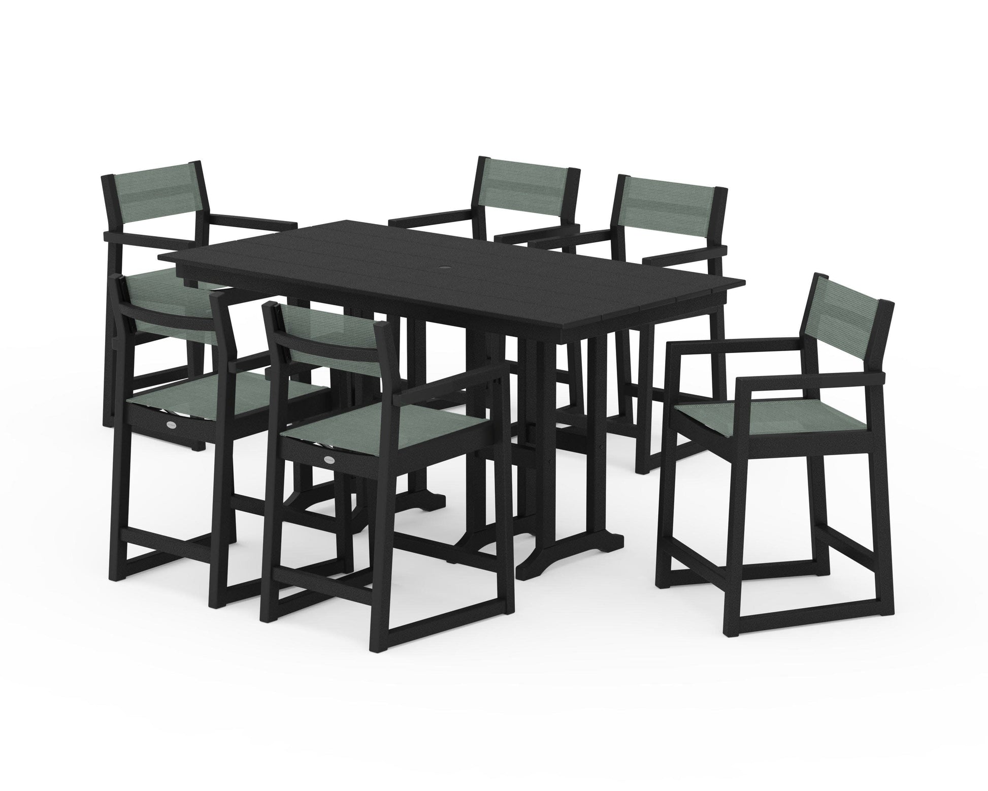 POLYWOOD EDGE Sling Arm Chair 7-Piece Farmhouse Counter Set — Black / Dupioni Sea Mist Sling