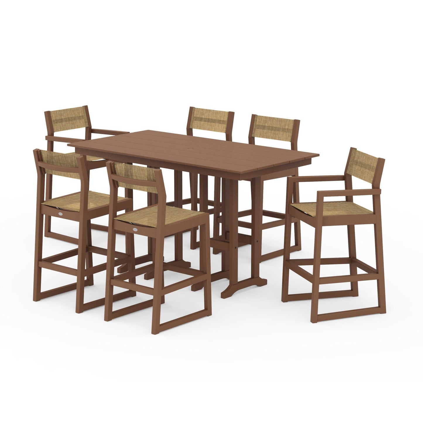 POLYWOOD EDGE Sling 7-Piece Farmhouse Bar Set — Teak / Burlap Sling