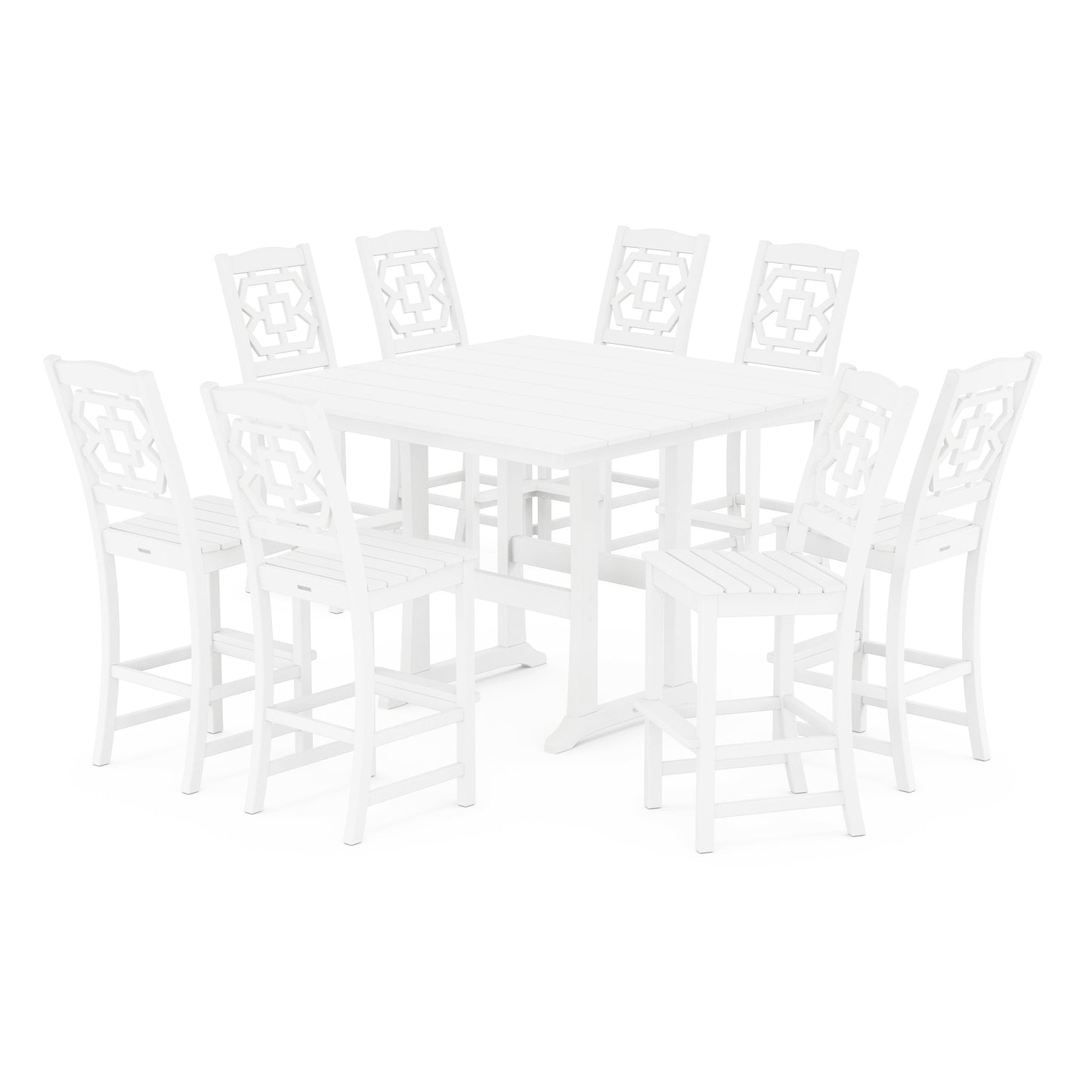 POLYWOOD Chinoiserie 9-Piece Square Farmhouse Side Chair Bar Set with Trestle Legs — White