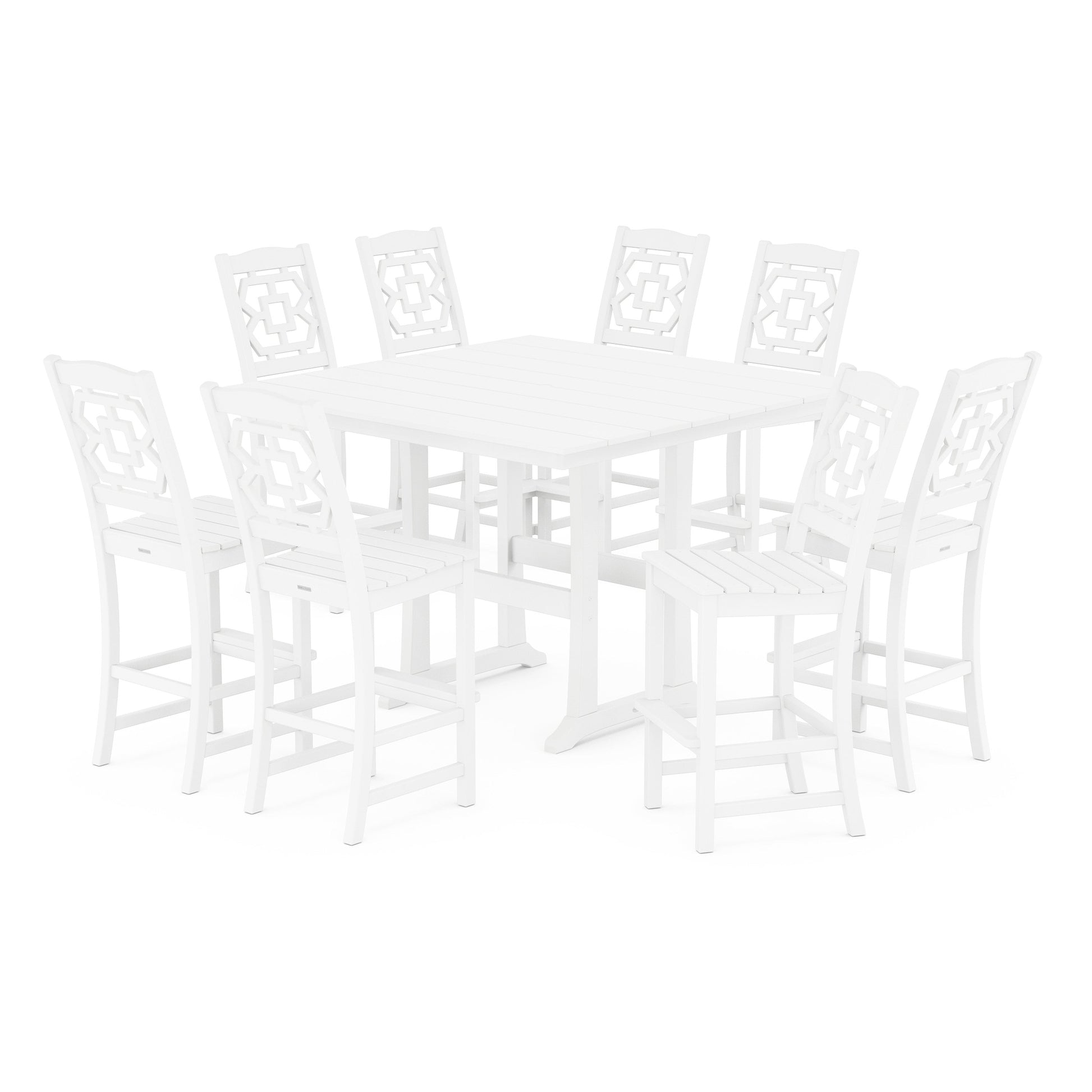 POLYWOOD Chinoiserie 9-Piece Square Farmhouse Side Chair Bar Set with Trestle Legs — White