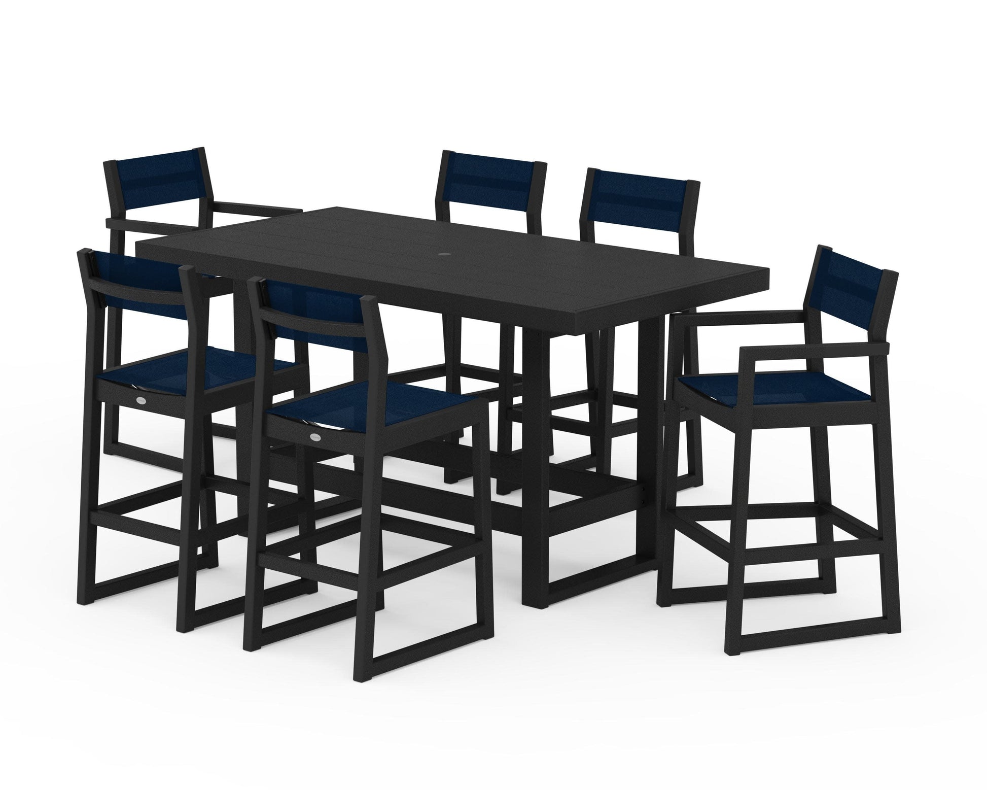 POLYWOOD EDGE Sling 7-Piece Bar Table Set — Black / Navy Blue Sling