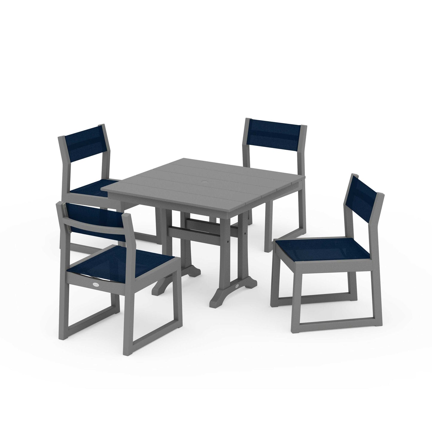 POLYWOOD EDGE Sling 5-Piece Farmhouse Trestle Side Chair Dining Set — Slate Grey / Navy Blue Sling