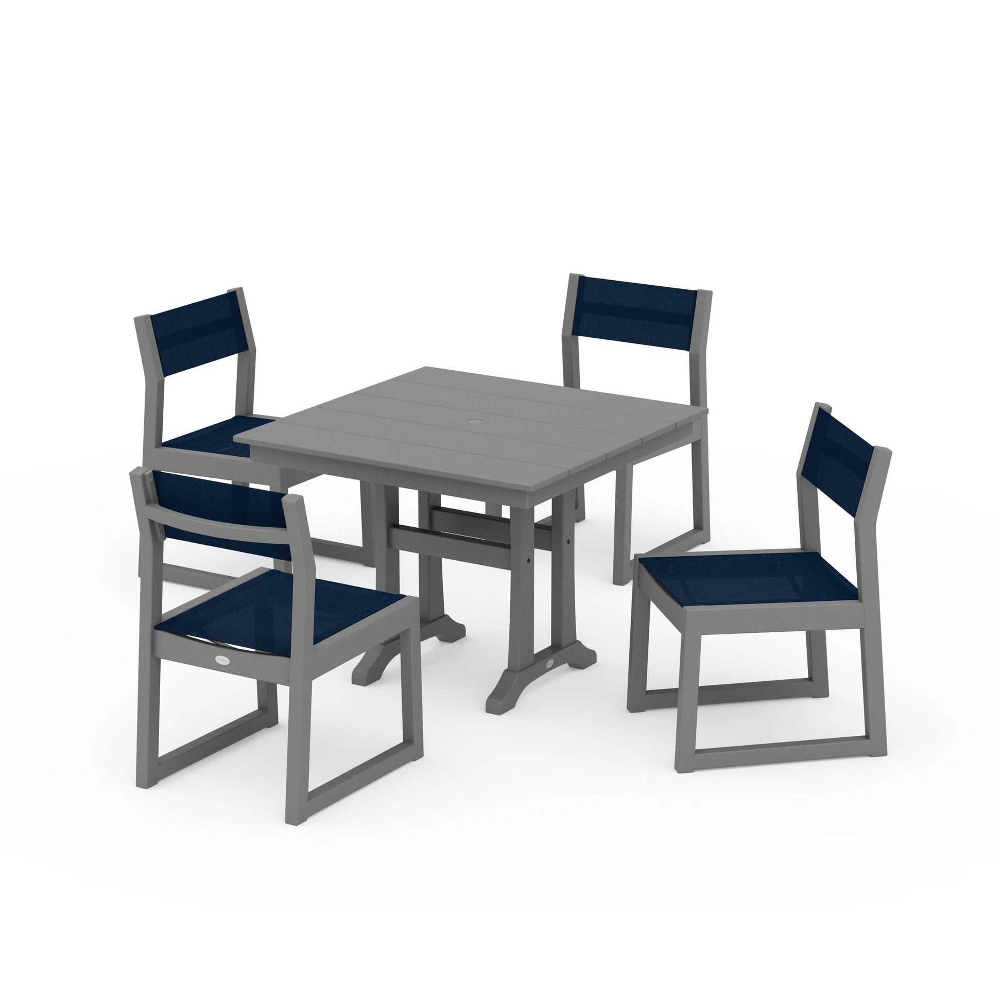 POLYWOOD EDGE Sling 5-Piece Farmhouse Trestle Side Chair Dining Set — Slate Grey / Navy Blue Sling