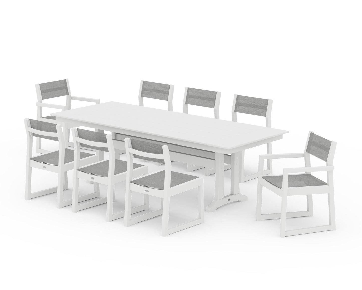 POLYWOOD EDGE Sling 9-Piece Farmhouse Trestle Dining Set — White / Metallic Sling