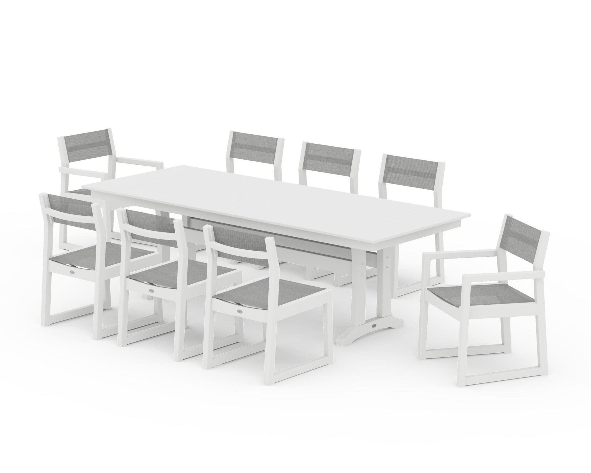 POLYWOOD EDGE Sling 9-Piece Farmhouse Trestle Dining Set — White / Metallic Sling