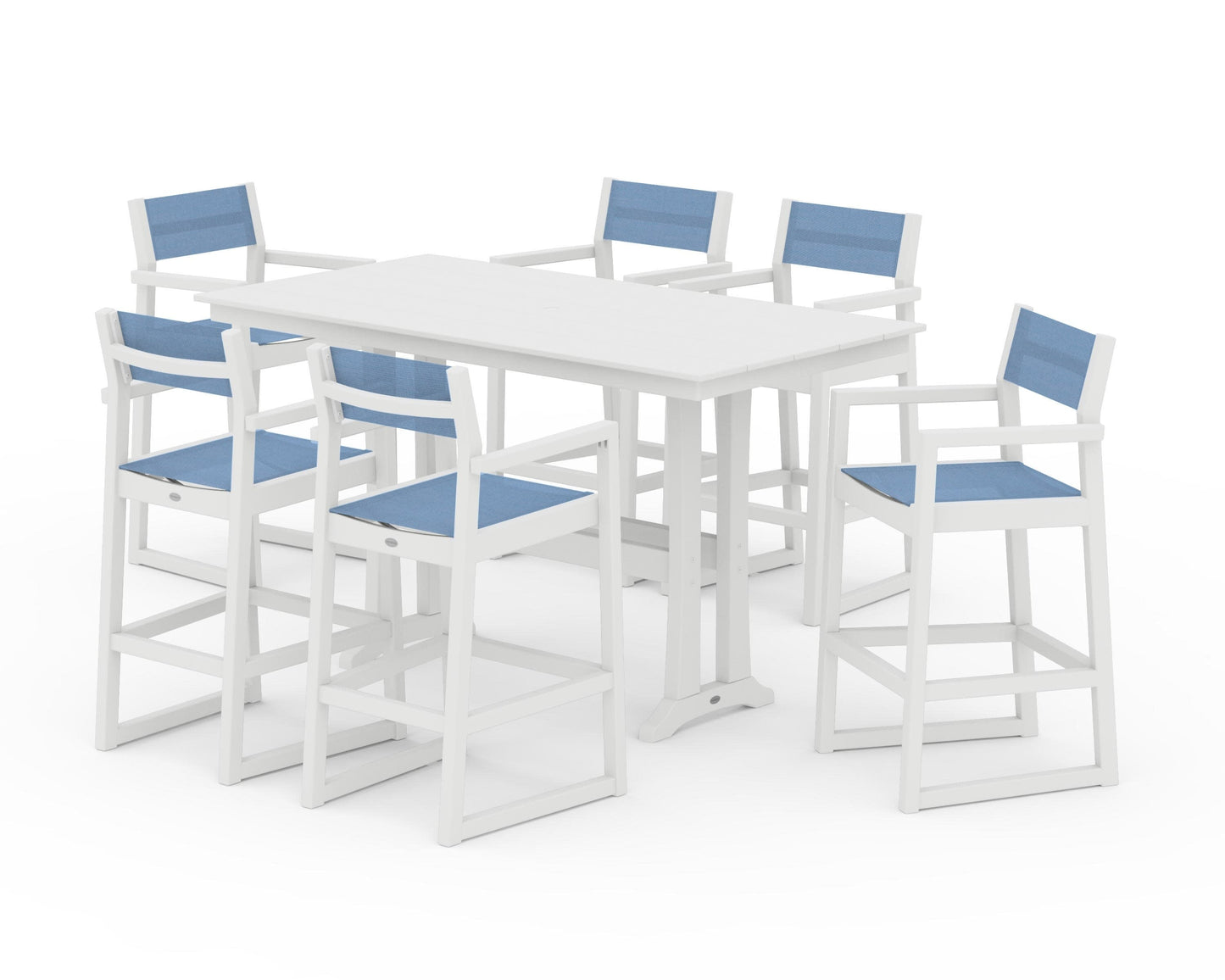 POLYWOOD EDGE Sling Arm Chair 7-Piece Farmhouse Bar Set with Trestle Legs — White / Poolside Sling