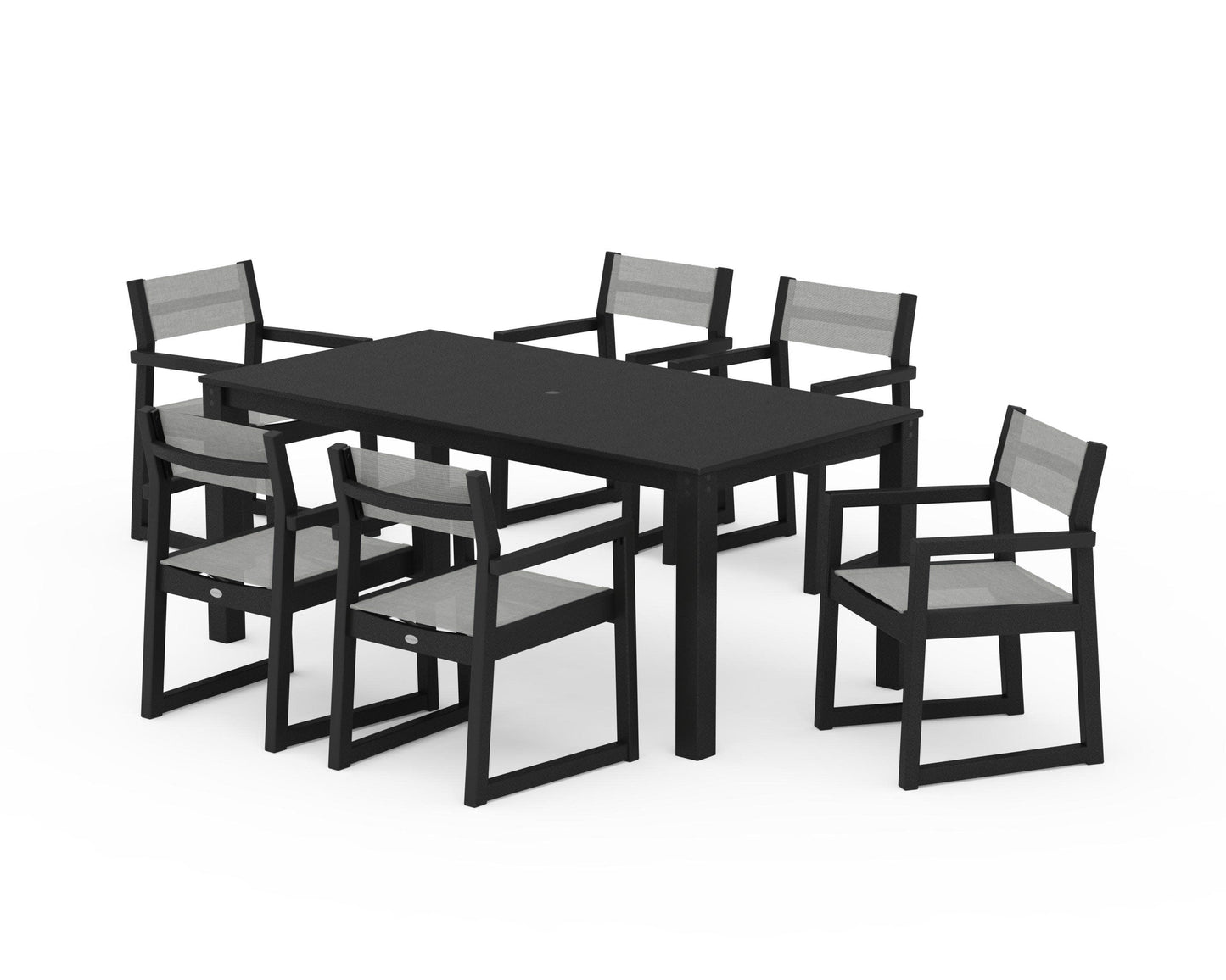 POLYWOOD EDGE Sling Arm Chair 7-Piece Parsons Dining Set — Black / Metallic Sling