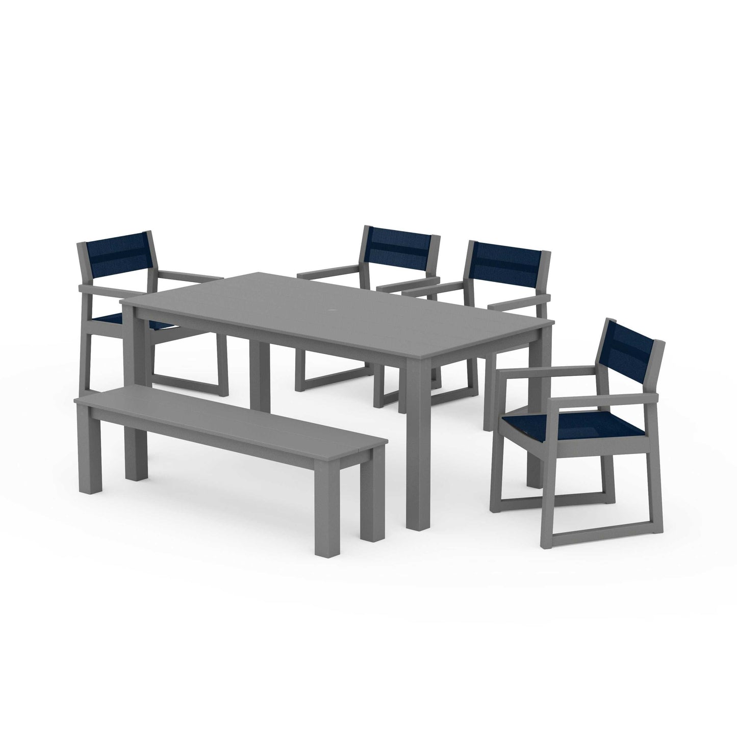 POLYWOOD EDGE Sling Arm Chair 6-Piece Parsons Dining Set with Bench — Slate Grey / Navy Blue Sling
