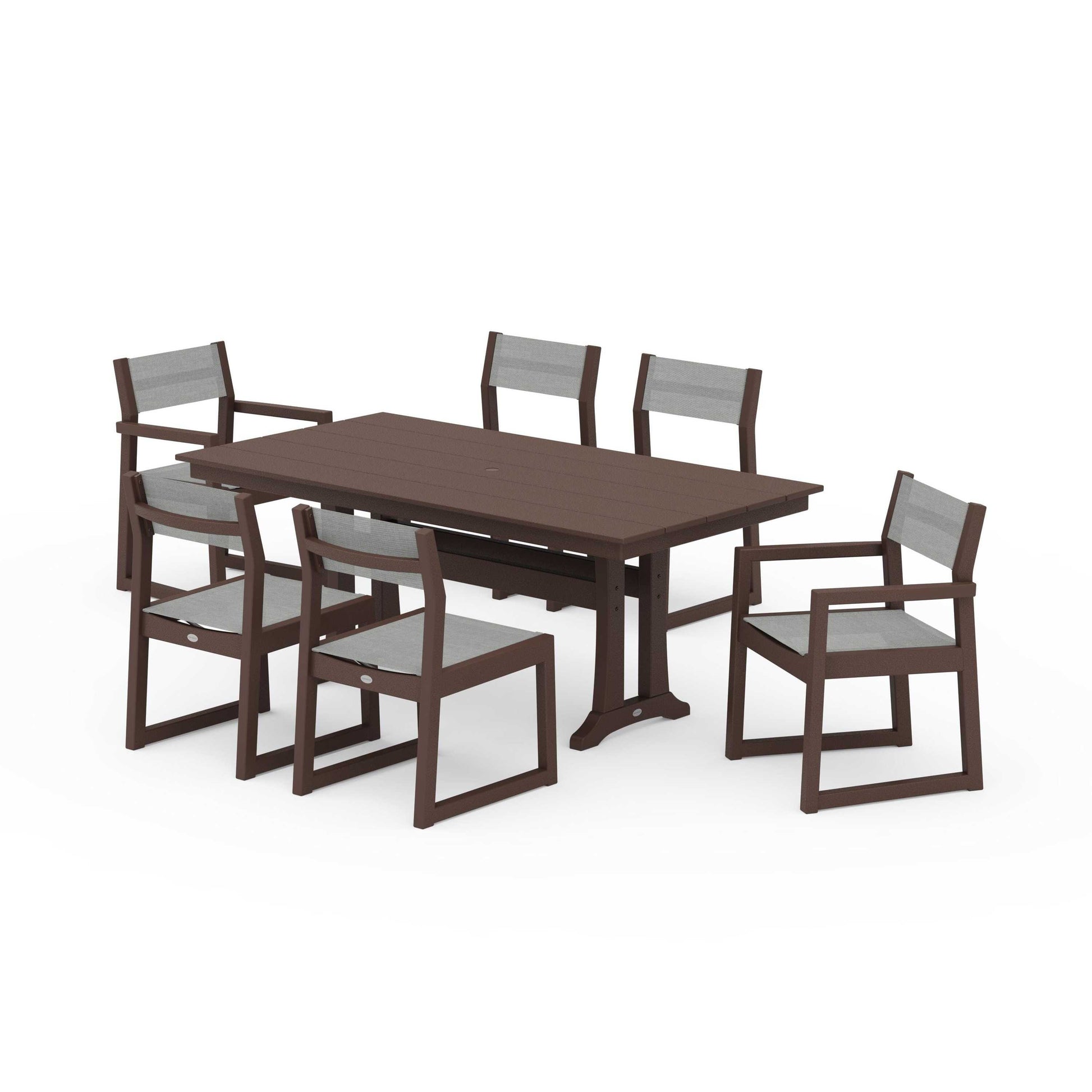 POLYWOOD EDGE Sling 7-Piece Farmhouse Trestle Dining Set — Mahogany / Metallic Sling
