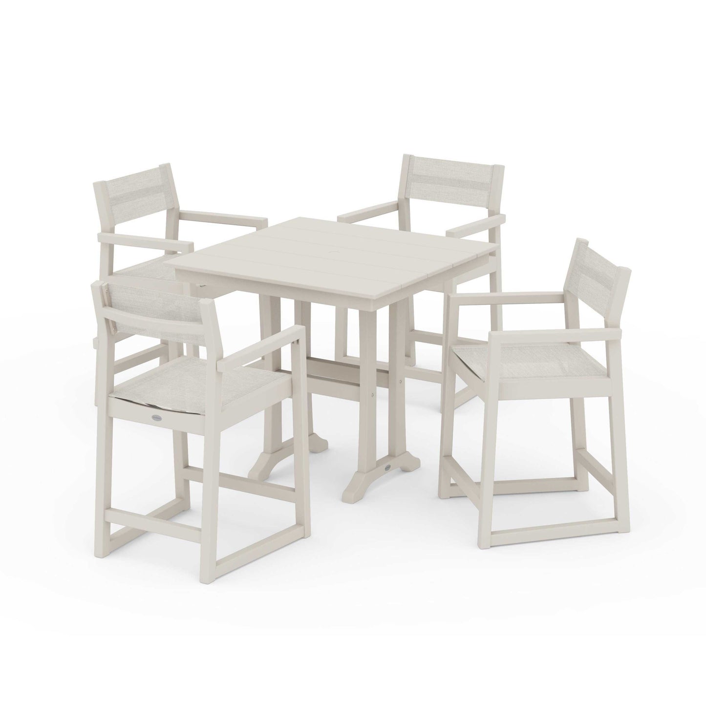POLYWOOD EDGE Sling Arm Chair 5-Piece Farmhouse Counter Set with Trestle Legs — Sand / Parchment Sling