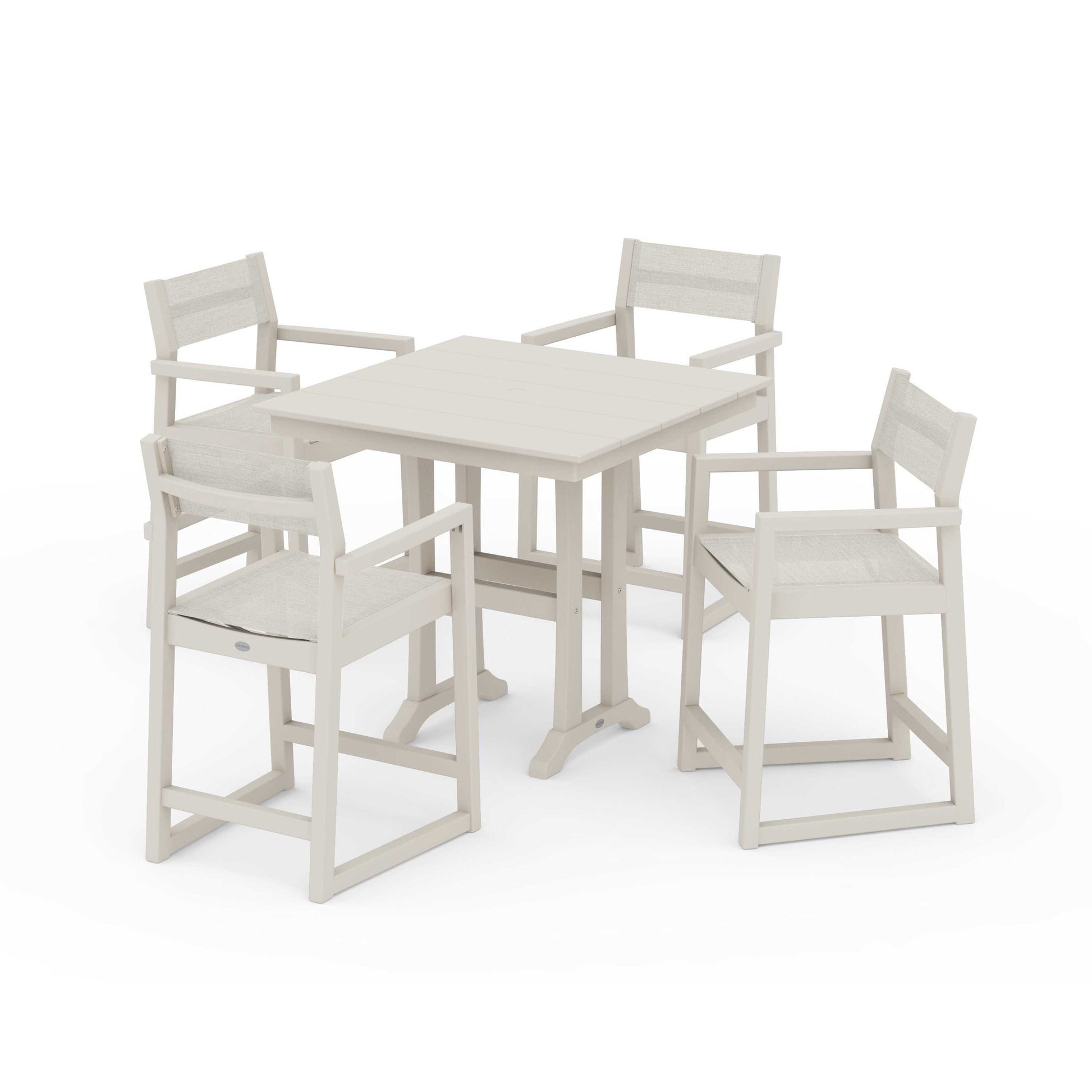 POLYWOOD EDGE Sling Arm Chair 5-Piece Farmhouse Counter Set with Trestle Legs — Sand / Parchment Sling