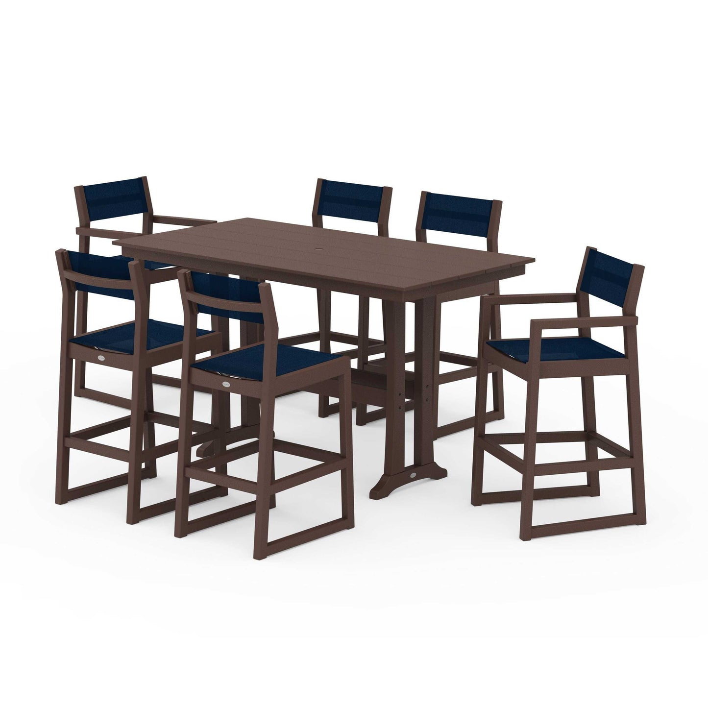 POLYWOOD EDGE Sling 7-Piece Farmhouse Bar Set with Trestle Legs — Mahogany / Navy Blue Sling