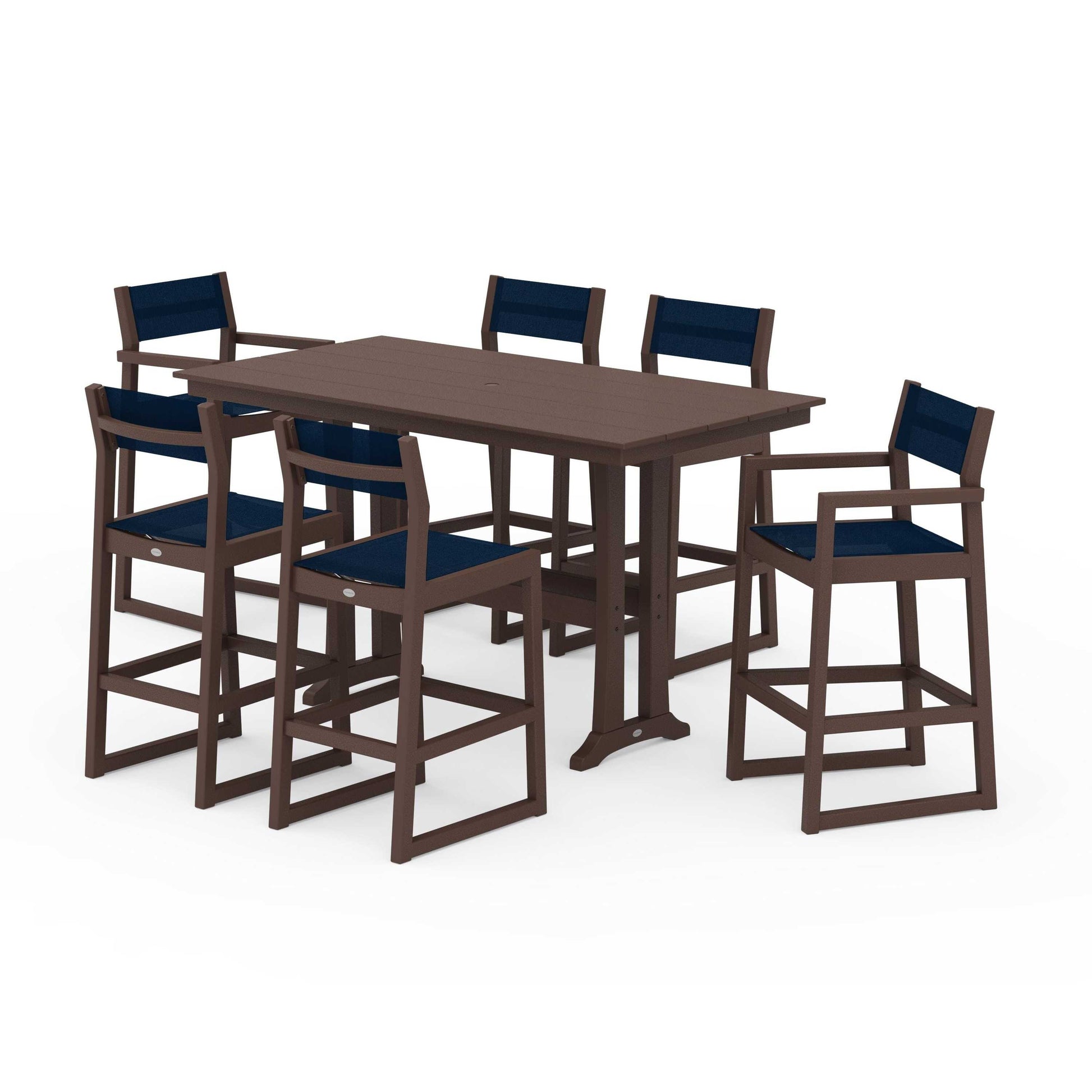 POLYWOOD EDGE Sling 7-Piece Farmhouse Bar Set with Trestle Legs — Mahogany / Navy Blue Sling