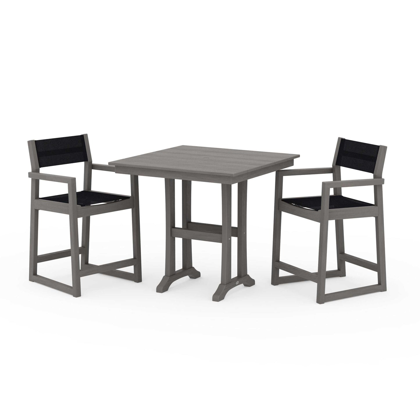 POLYWOOD EDGE Sling Arm Chair 3-Piece Farmhouse Counter Set with Trestle Legs — Driftwood / Black Sling