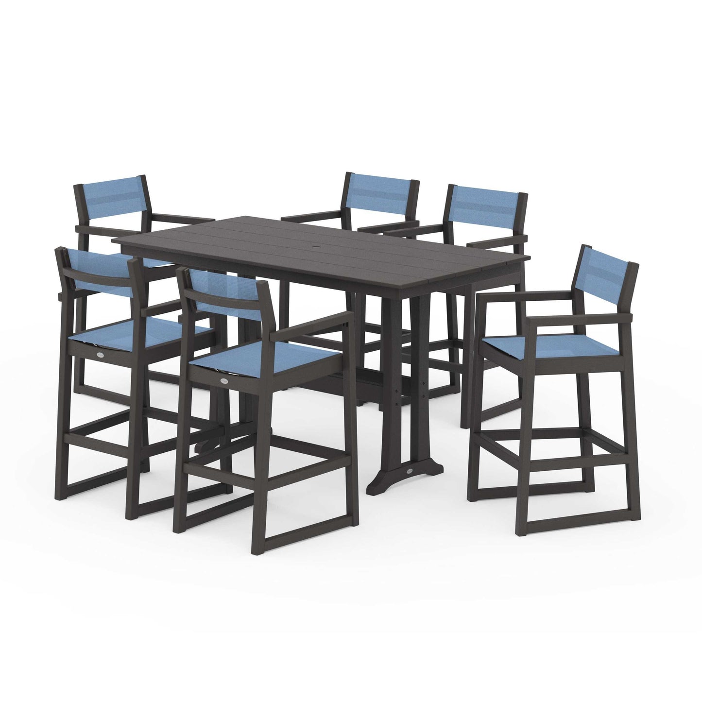 POLYWOOD EDGE Sling Arm Chair 7-Piece Farmhouse Bar Set with Trestle Legs — Vintage Coffee / Poolside Sling