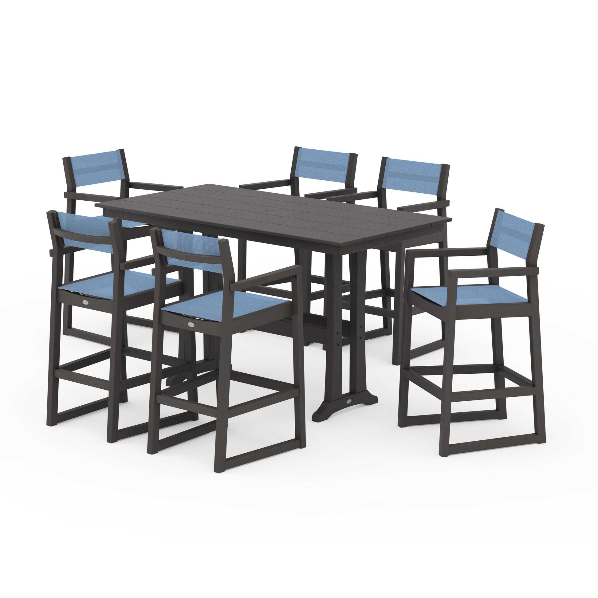 POLYWOOD EDGE Sling Arm Chair 7-Piece Farmhouse Bar Set with Trestle Legs — Vintage Coffee / Poolside Sling