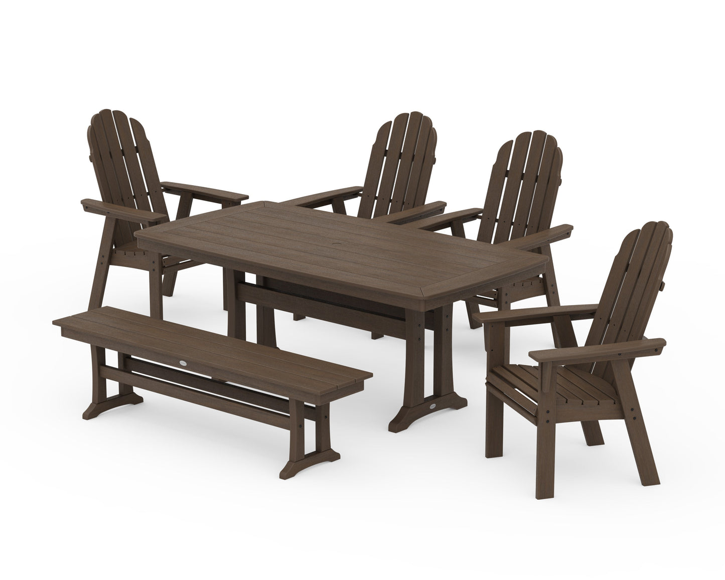 POLYWOOD Vineyard Curveback Adirondack Chair 6-Piece Dining Set with Trestle Legs and Bench — Kona