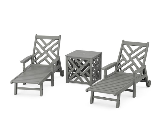 POLYWOOD Chippendale 3-Piece Chaise Set with Umbrella Stand Accent Table — Slate Grey