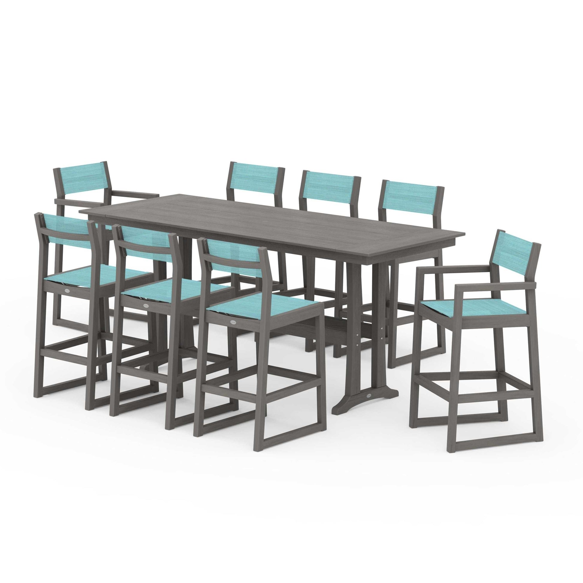POLYWOOD EDGE Sling 9-Piece Farmhouse Bar Set with Trestle Legs — Driftwood / Dupioni Aquamarine Sling