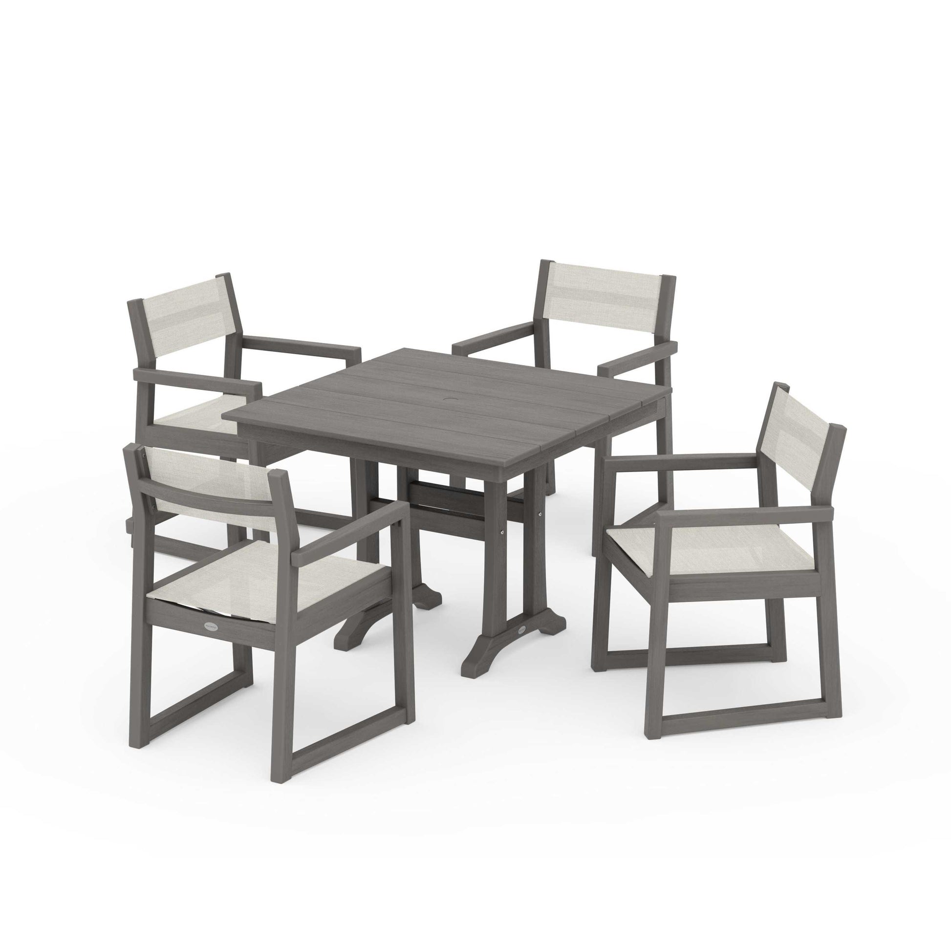 POLYWOOD EDGE Sling 5-Piece Farmhouse Dining Set with Trestle Legs — Driftwood / Parchment Sling