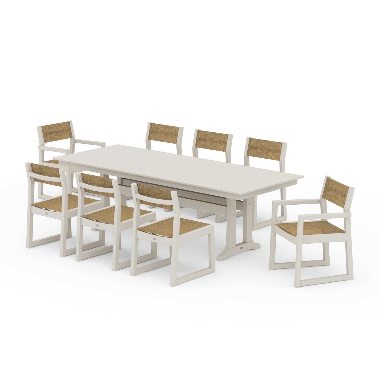 POLYWOOD EDGE Sling 9-Piece Farmhouse Trestle Dining Set — Sand / Burlap Sling
