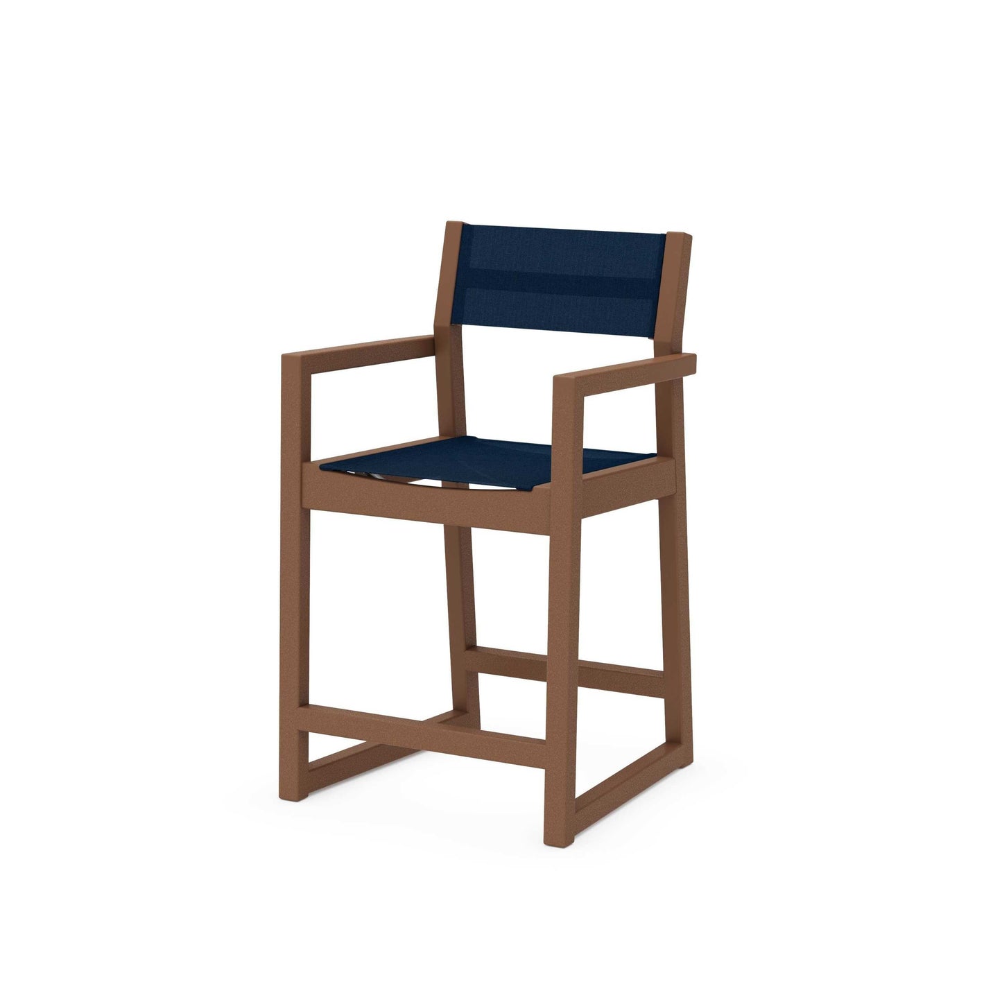POLYWOOD EDGE Sling Counter Arm Chair — Teak / Navy Blue Sling