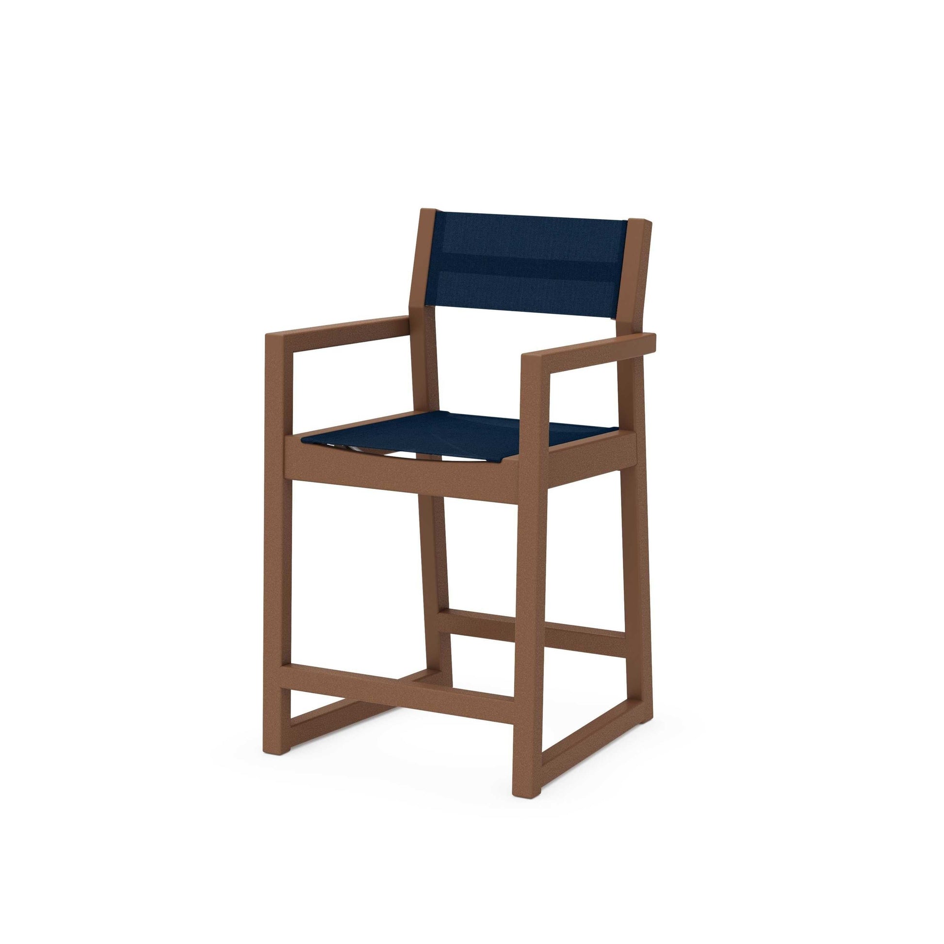 POLYWOOD EDGE Sling Counter Arm Chair — Teak / Navy Blue Sling