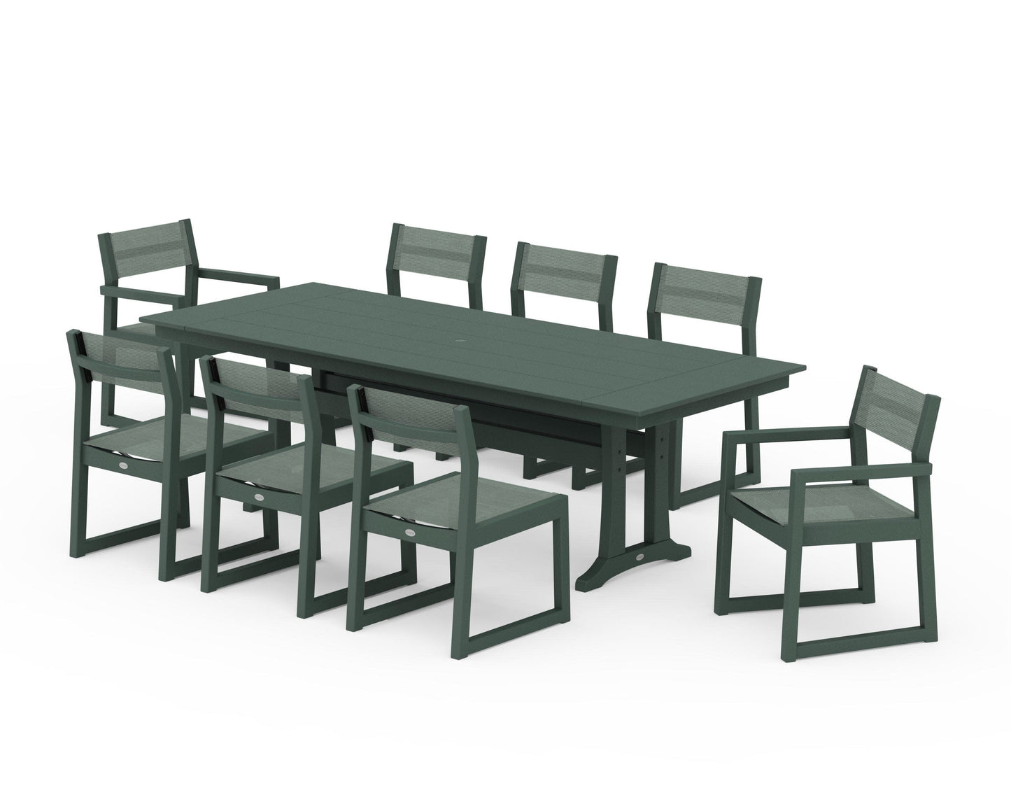 POLYWOOD EDGE Sling 9-Piece Farmhouse Trestle Dining Set — Green / Dupioni Sea Mist Sling