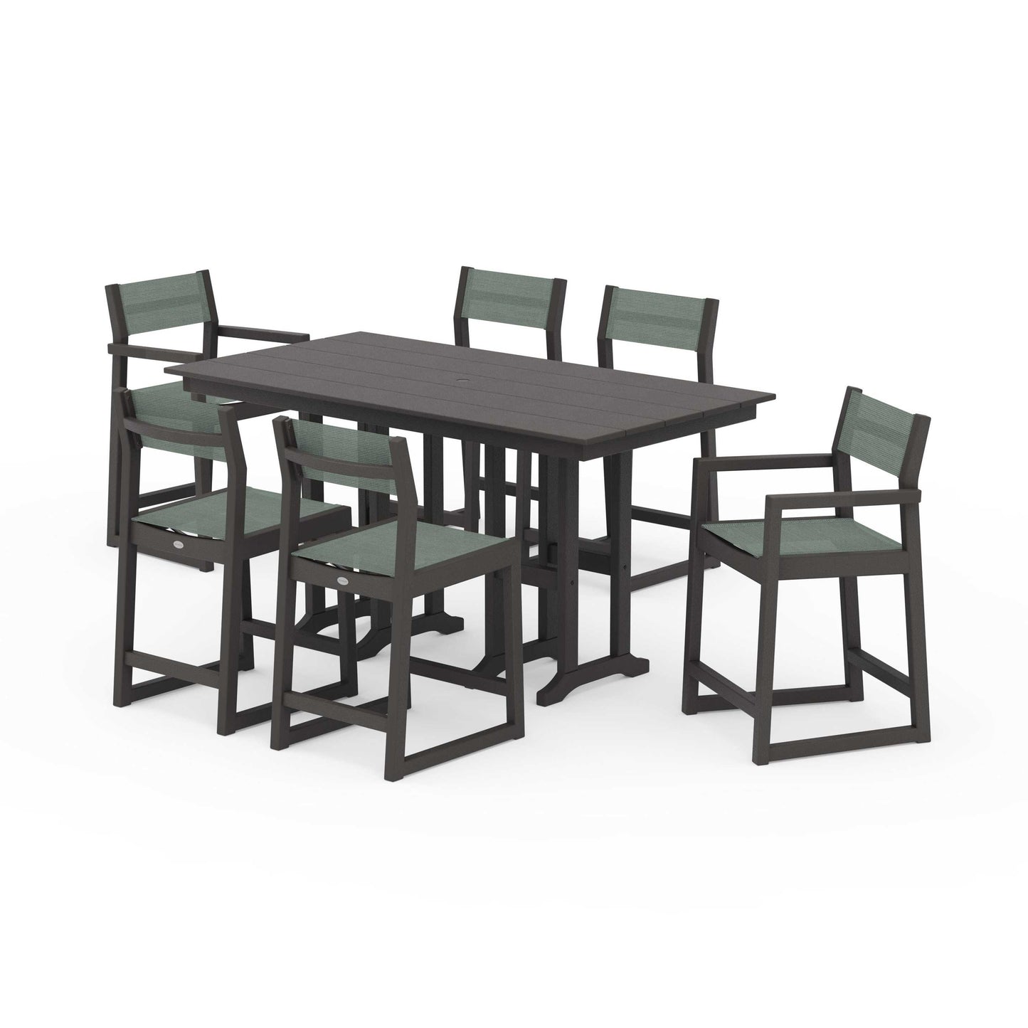 POLYWOOD EDGE Sling 7-Piece Farmhouse Counter Set with Trestle Legs — Vintage Coffee / Dupioni Sea Mist Sling