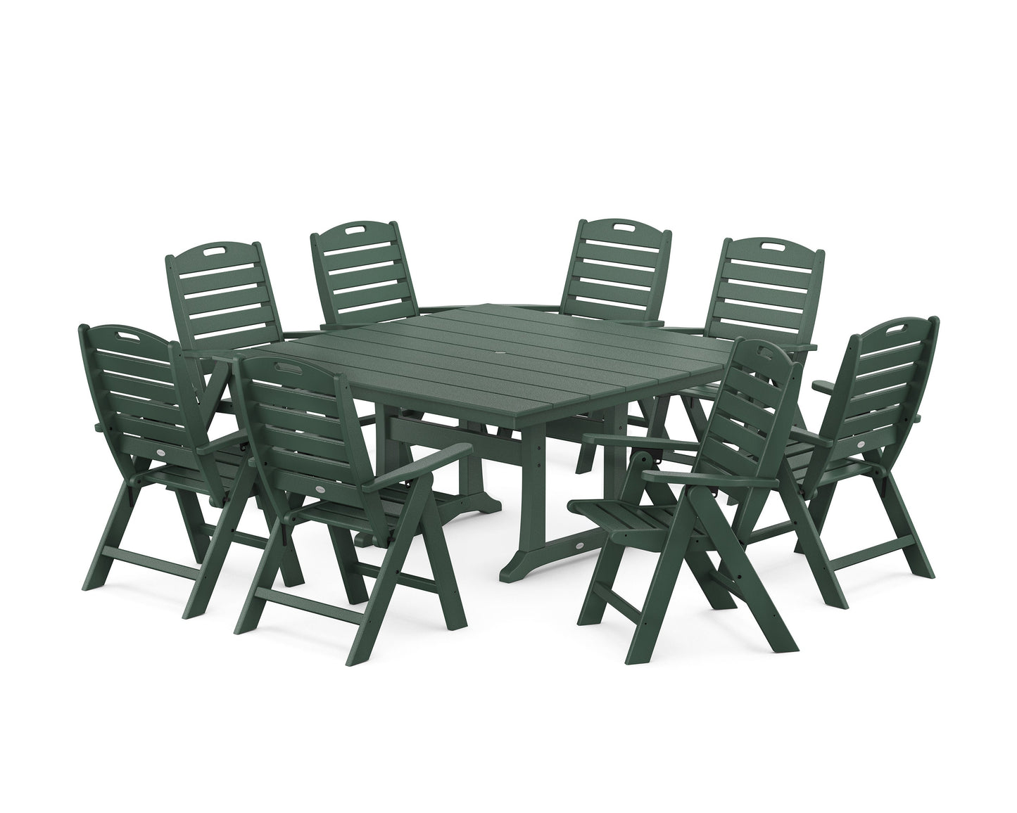 POLYWOOD Nautical Highback 9-Piece Square Farmhouse Dining Set with Trestle Legs — Green