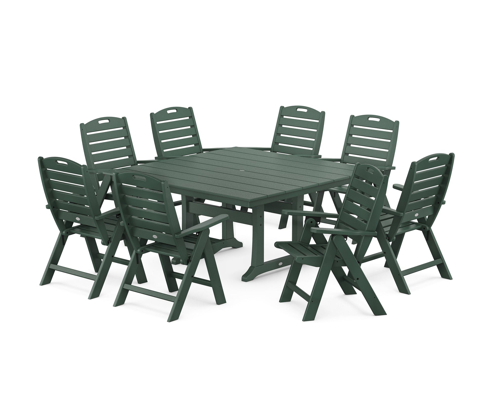 POLYWOOD Nautical Highback 9-Piece Square Farmhouse Dining Set with Trestle Legs — Green