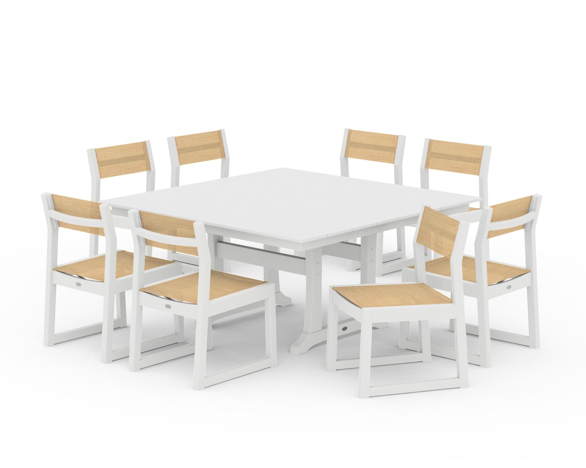 POLYWOOD EDGE Sling Side Chair 9-Piece Farmhouse Trestle Dining Set — White / Dupioni Apricot Sling