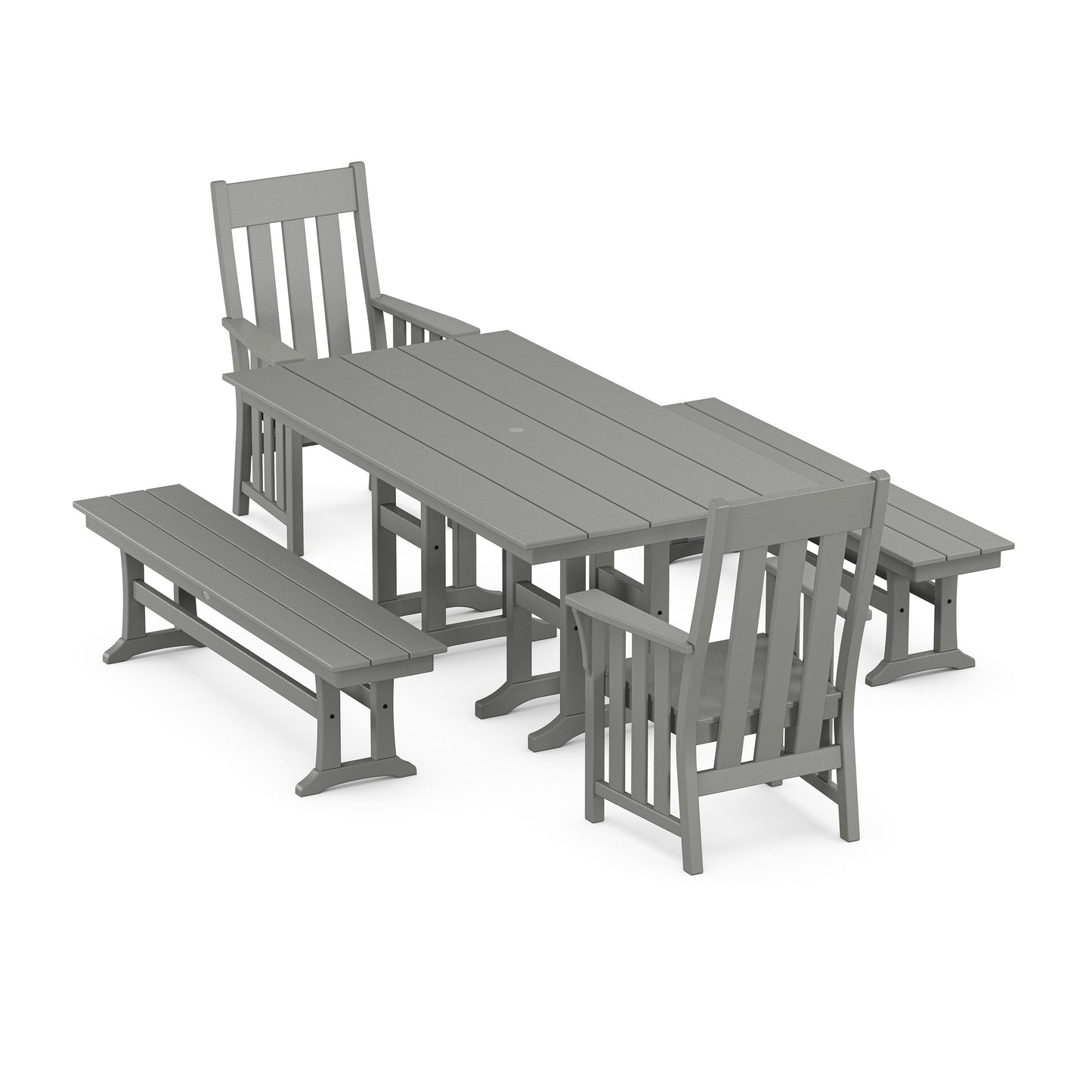 POLYWOOD Acadia 5-Piece Farmhouse Dining Set with Benches — Slate Grey