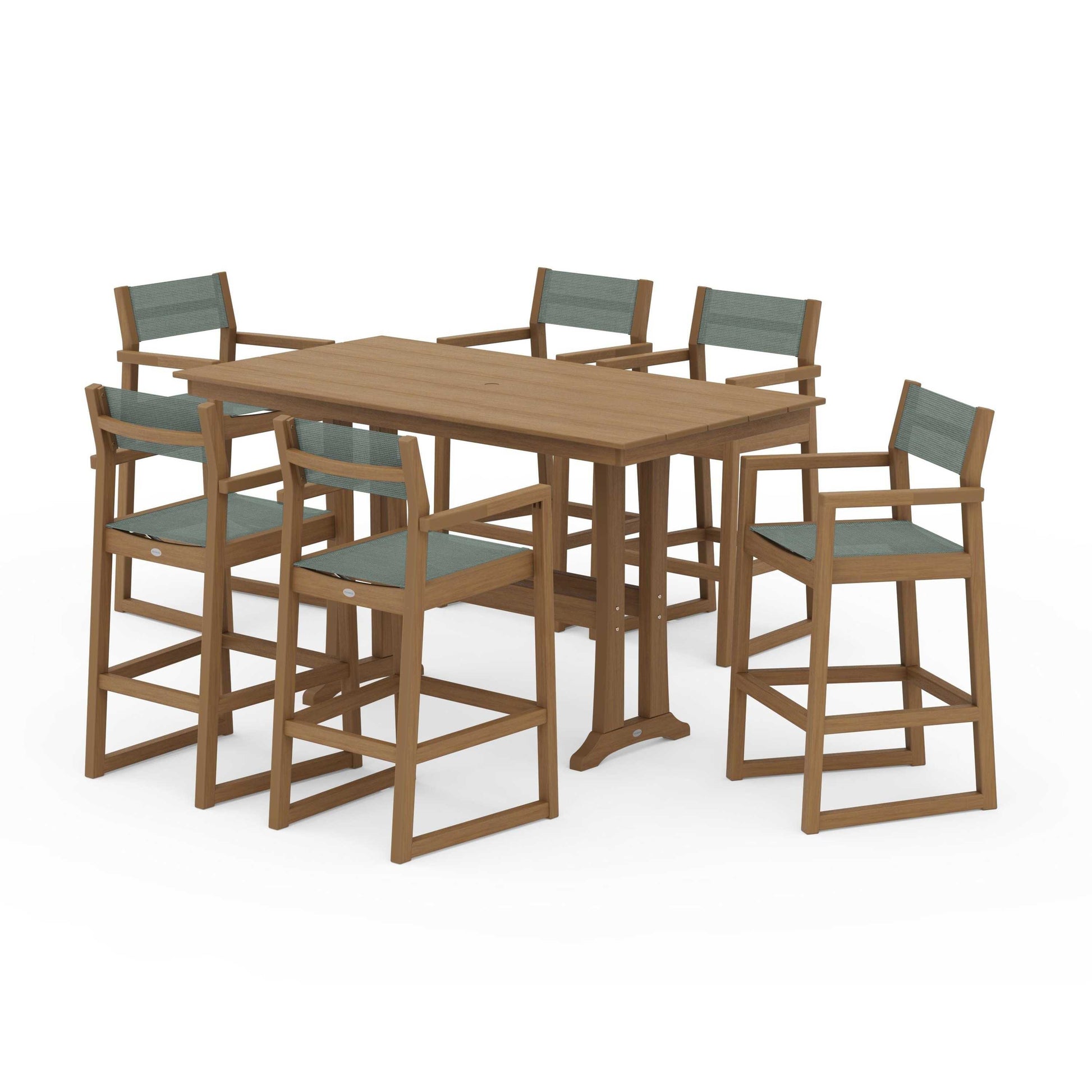 POLYWOOD EDGE Sling Arm Chair 7-Piece Farmhouse Bar Set with Trestle Legs — Natural / Dupioni Sea Mist Sling
