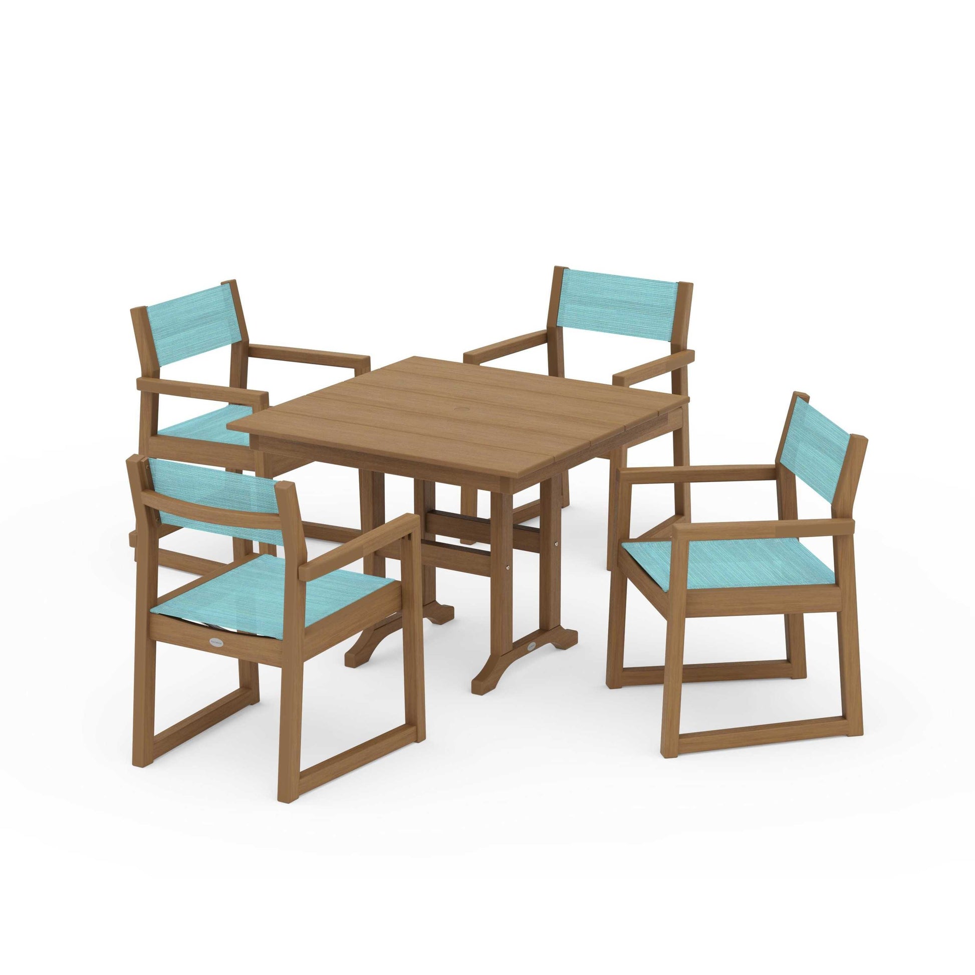 POLYWOOD EDGE Sling Arm Chair 5-Piece Farmhouse Dining Set — Natural / Dupioni Aquamarine Sling