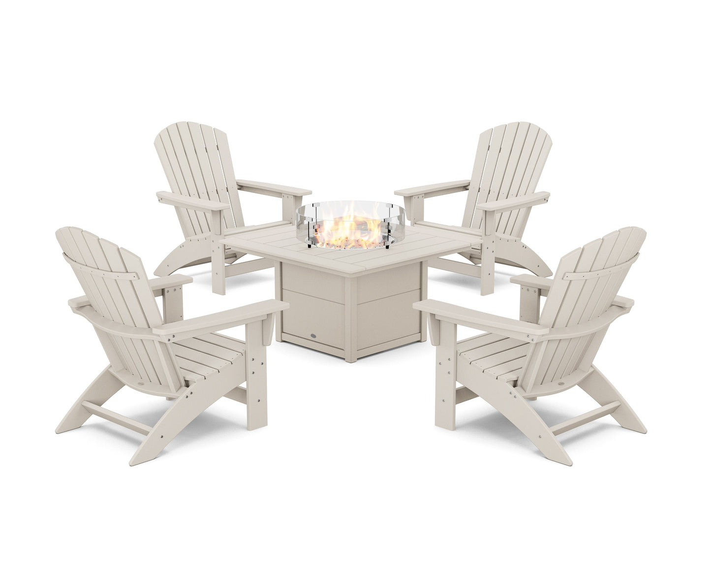POLYWOOD 5-Piece Nautical Grand Adirondack Conversation Set with Fire Pit Table — Sand