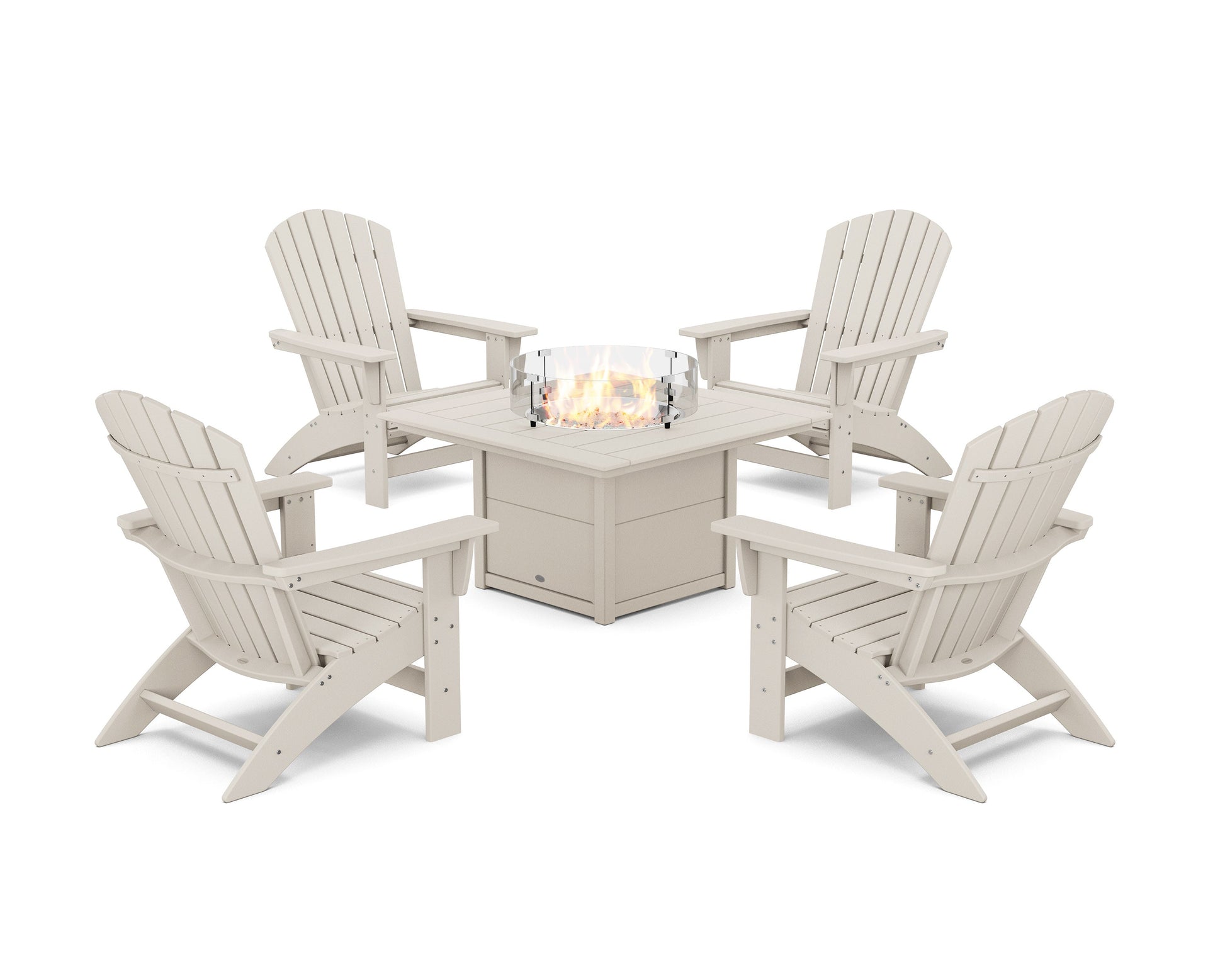 POLYWOOD 5-Piece Nautical Grand Adirondack Conversation Set with Fire Pit Table — Sand
